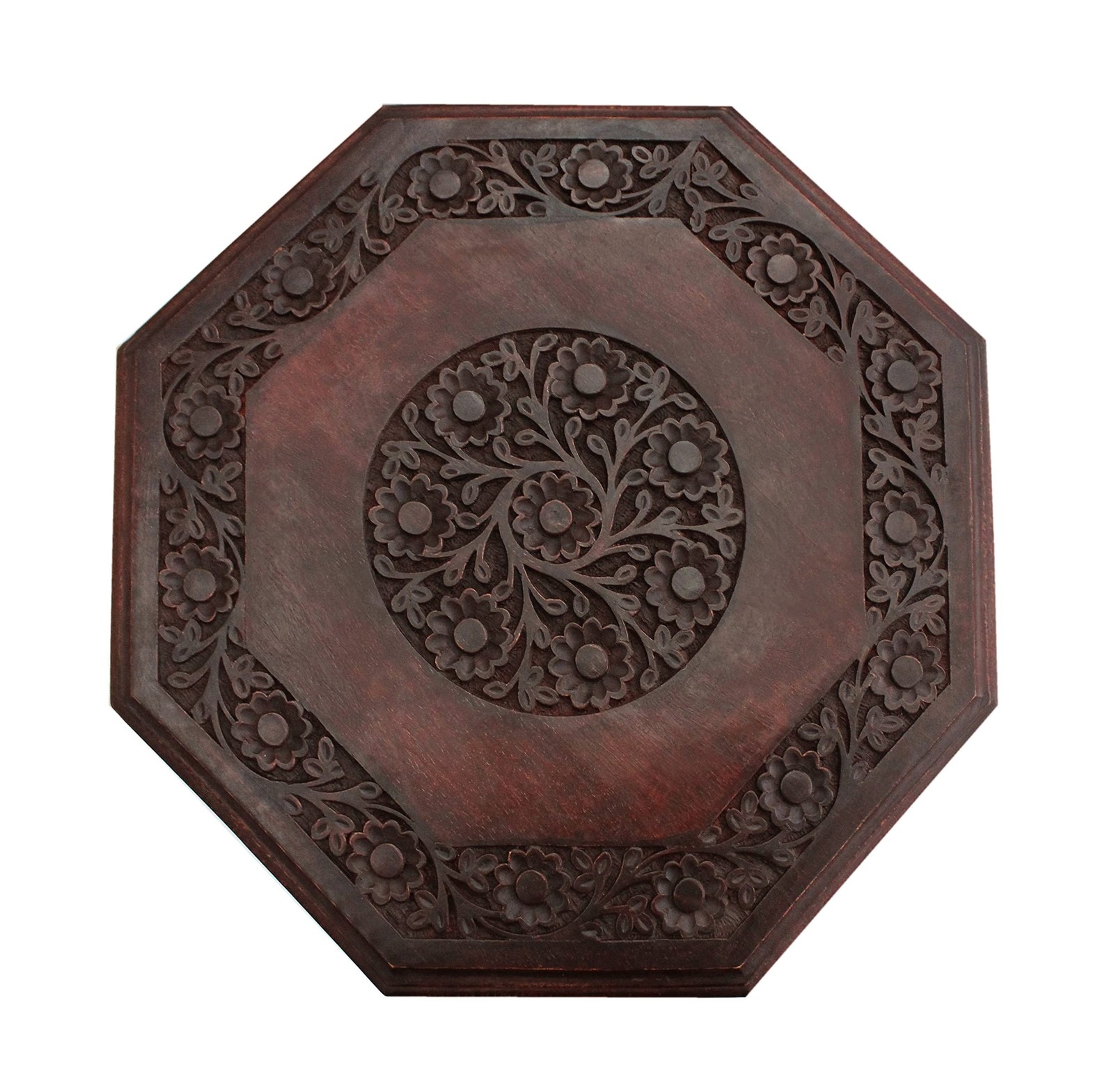 Accent End Table Solid Wood Hand Carved Folding 18×18 Brown Vintage Boho