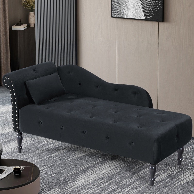 60.6″ Velvet Chaise Lounge Buttons Tufted Nailhead Trimmed Solid Wood Legs Black