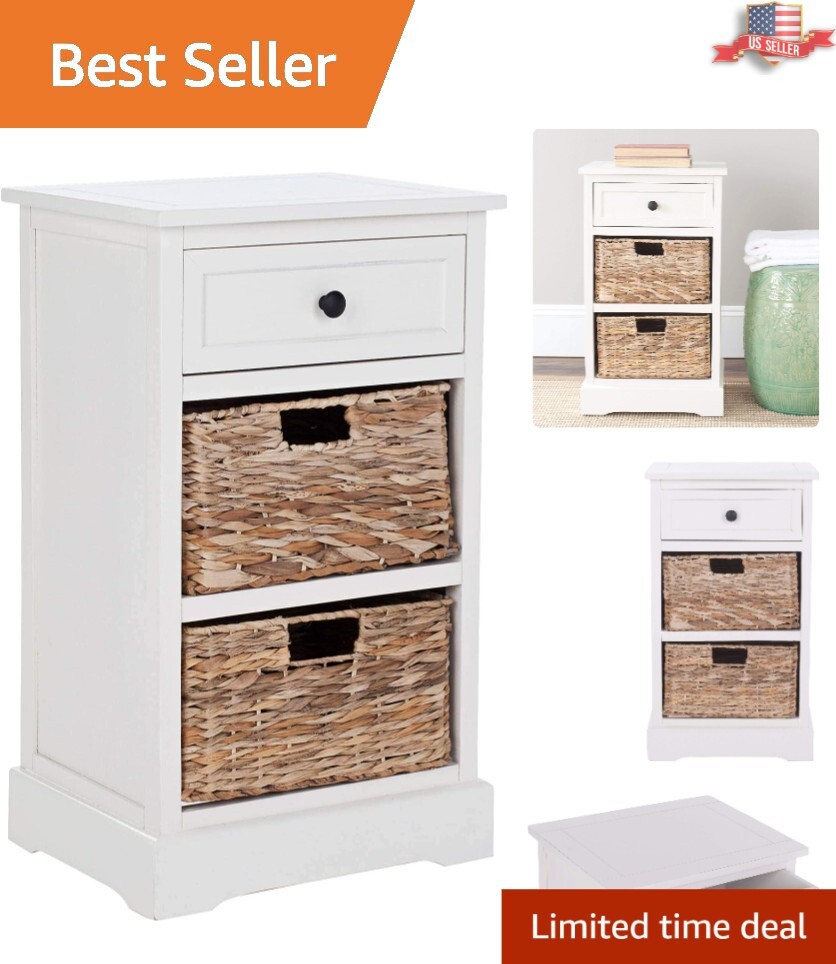 Distressed Cream Wicker 3-Drawer Storage Nightstand Side Table – Fully Assembled