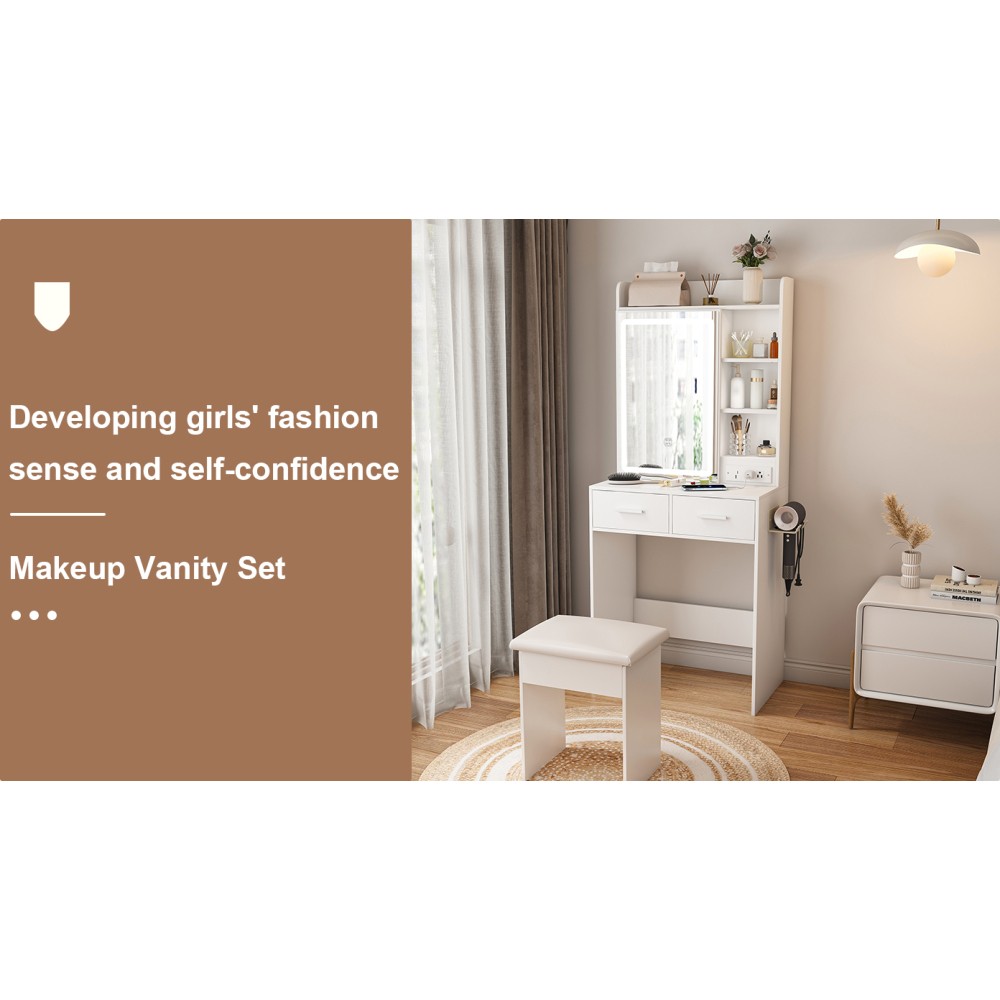 Space-Saving Vanity Table LED Mirror Built-in Power Outlet with Cushioned Stool