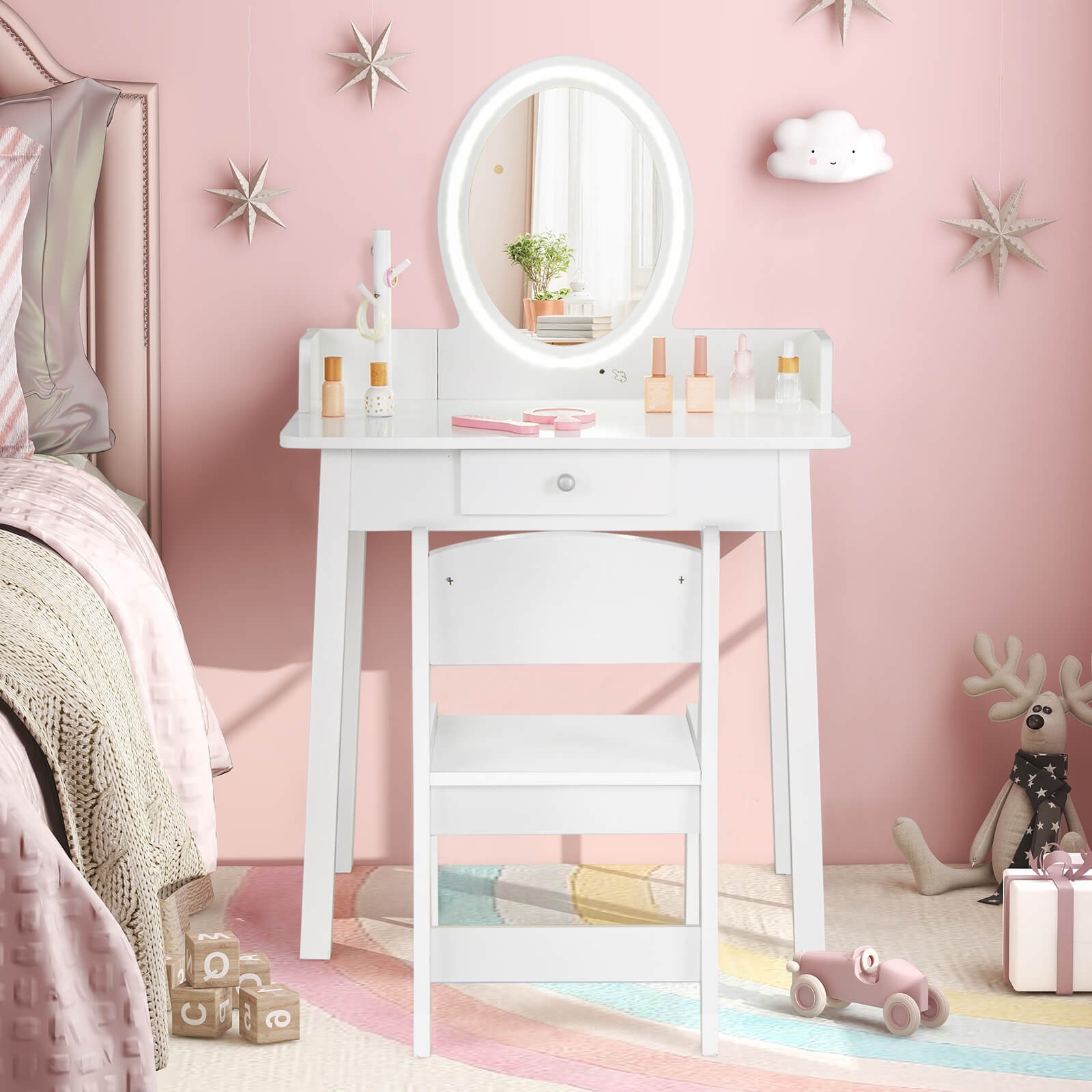 Kids Vanity Table w/Lighted Mirror & Chair 2-Color LED Lighting Drawer for Girls