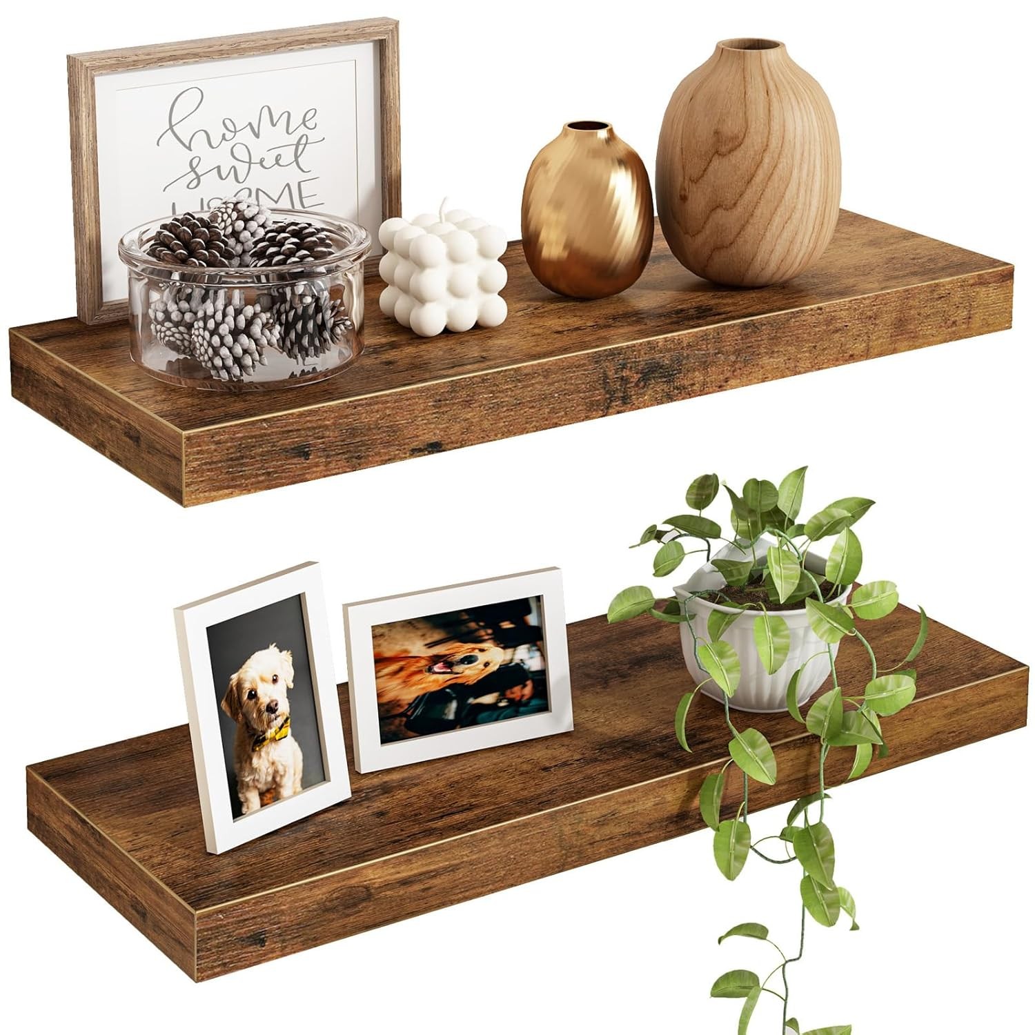 Wood Wall Shelves 2 Tier Rustic Brown Floating Shelf 15.7 Inch Wall Mounted
