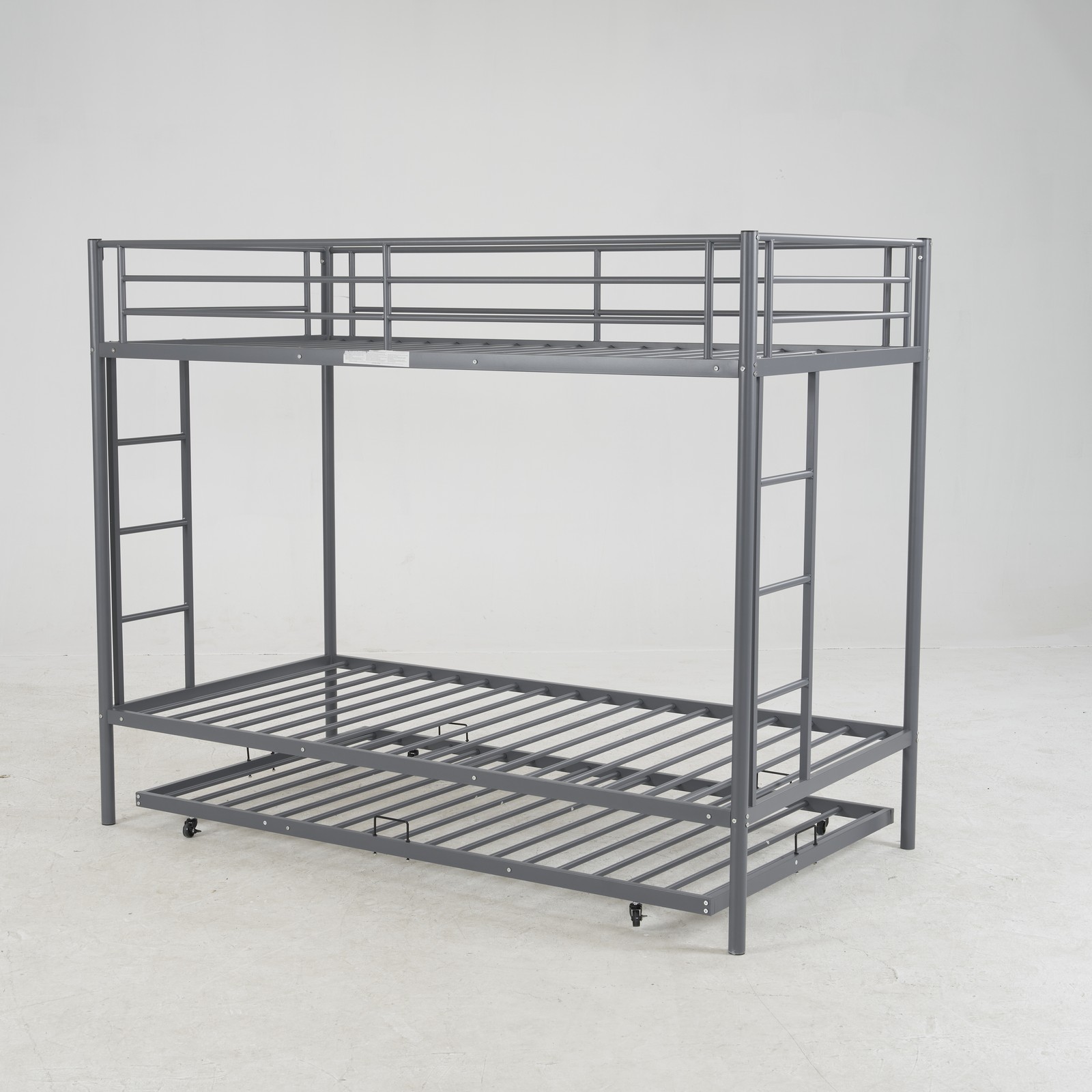 Metal Twin Over Twin Bunk Bed Frame with Trundle and Ladder Kids Child Bedroom