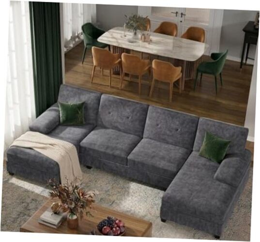 U-Shaped Sectional Sofa with Double Chaise,Linen Fabric 4-Seat Charcoal Grey
