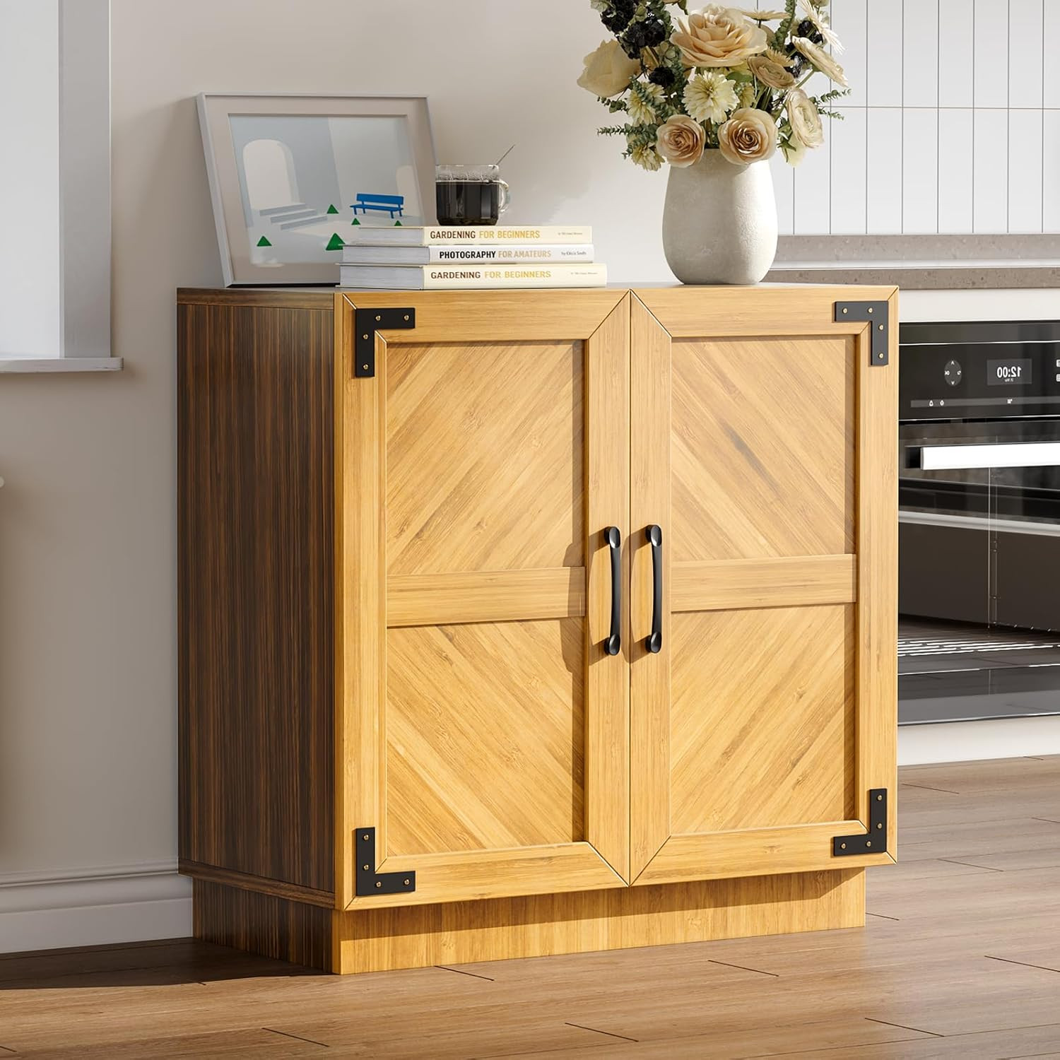 Modern Farmhouse 31.5″ Buffet Cabinet with Adjustable Shelves – Oak & Black