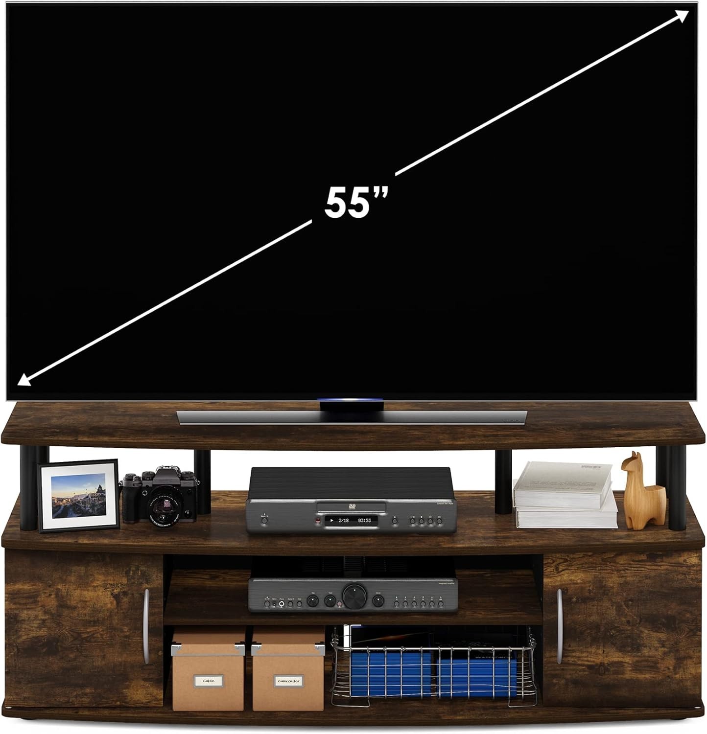 Sturdy Entertainment Center for 55 Inch TV with Side Cabinets Amber Pine Black