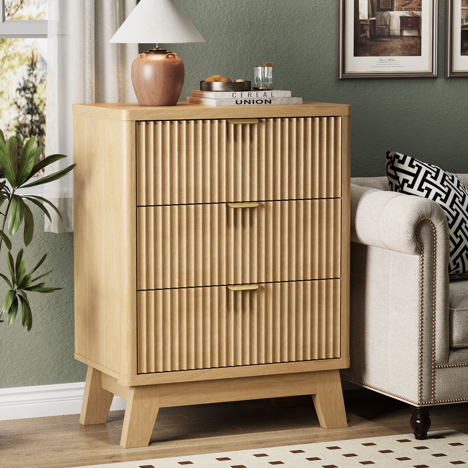 Fluted Nightstand with 3 Storage Drawers, Curved End Table for Bedroom