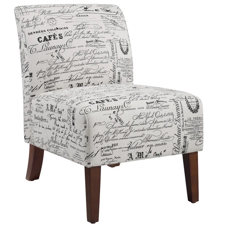 Armless Written Text Print Accent Padded Slipper Chair Cream White Upholstery
