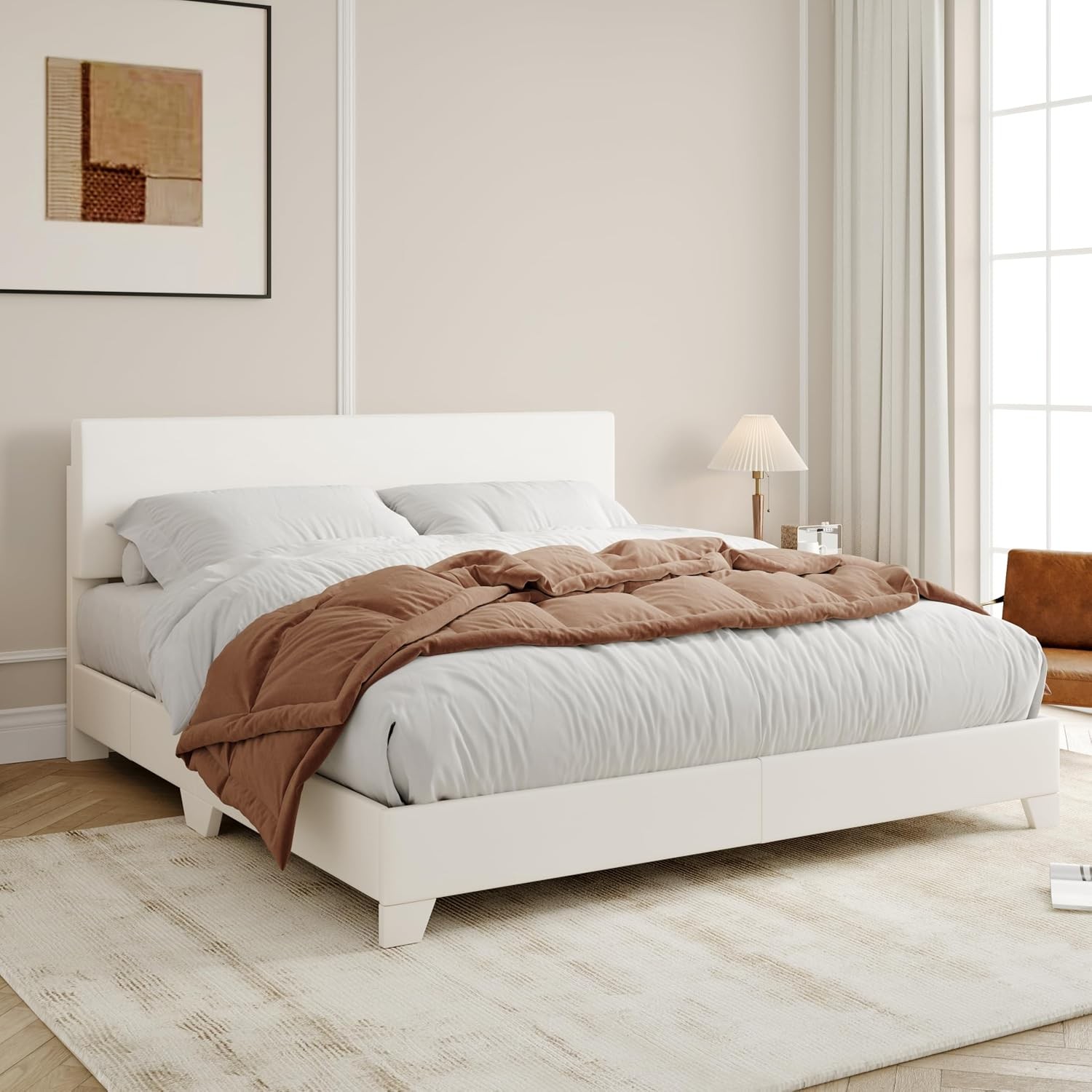 Full Size Bed Frame with Adjustable Headboard, Faux Leather Platform Bed with