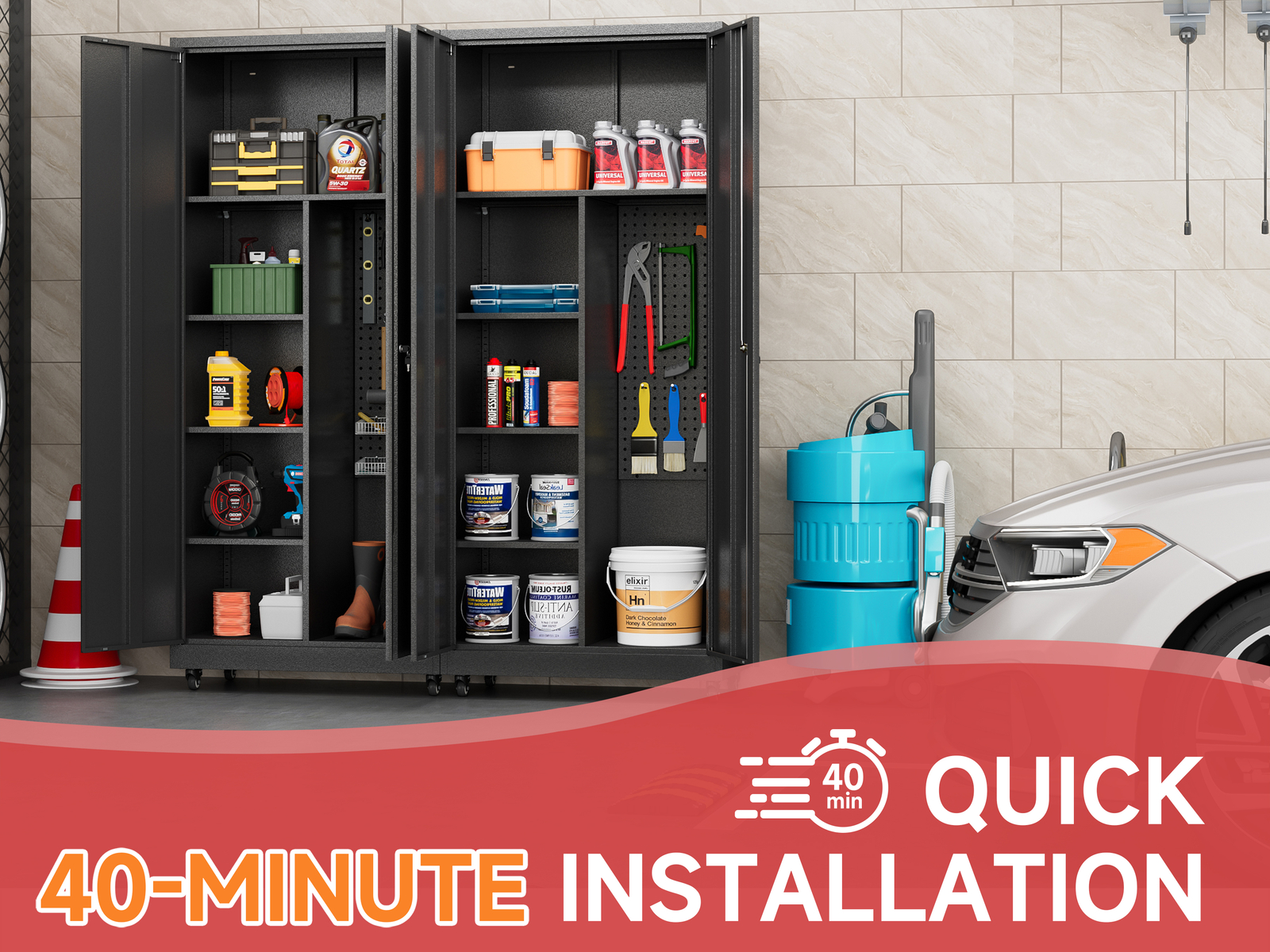 Metal Garage Cabinet, Broom Closet Storage Cabinet with Adjustable Shelves