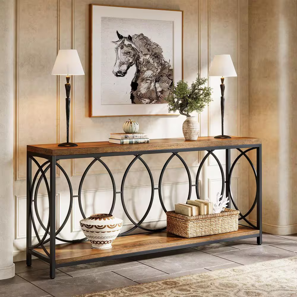 Turrella 70.9 In. Brown and Black Entryway Table, Industrial Rectangle Wood Cons