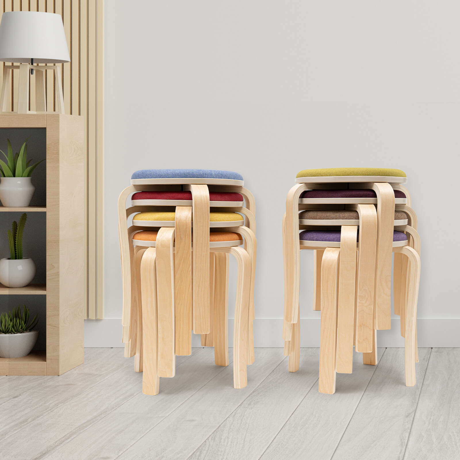 Set of 8 Colorful Round Stools Modern Stackable Wood Stool 16.3*12.2*16.93in