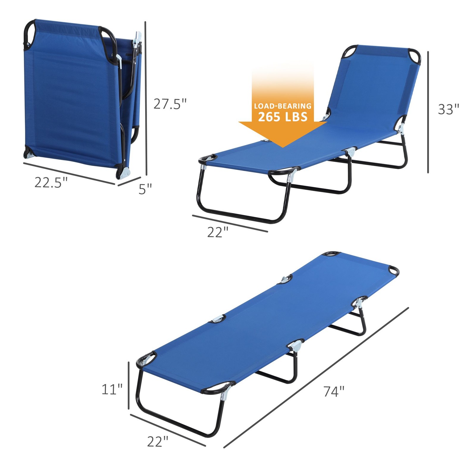 Folding Chaise Lounge Chair 5-Position Recline 74in Outdoor Blue
