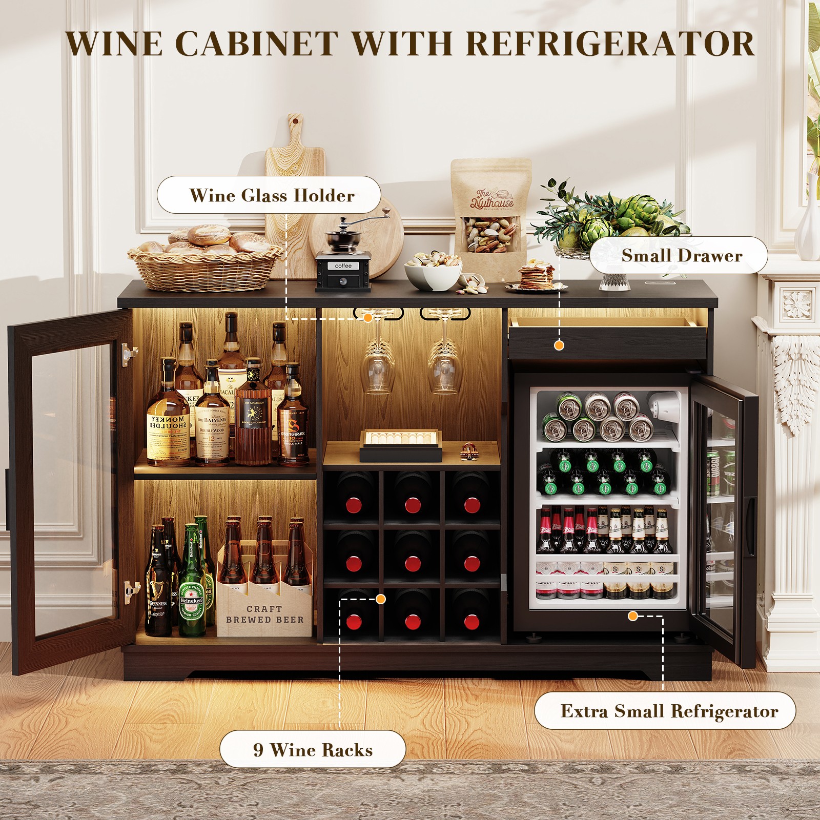 BROTTAR Lighting Bar Cabinet with Built-in Refrigerator & Removable Wine Rack
