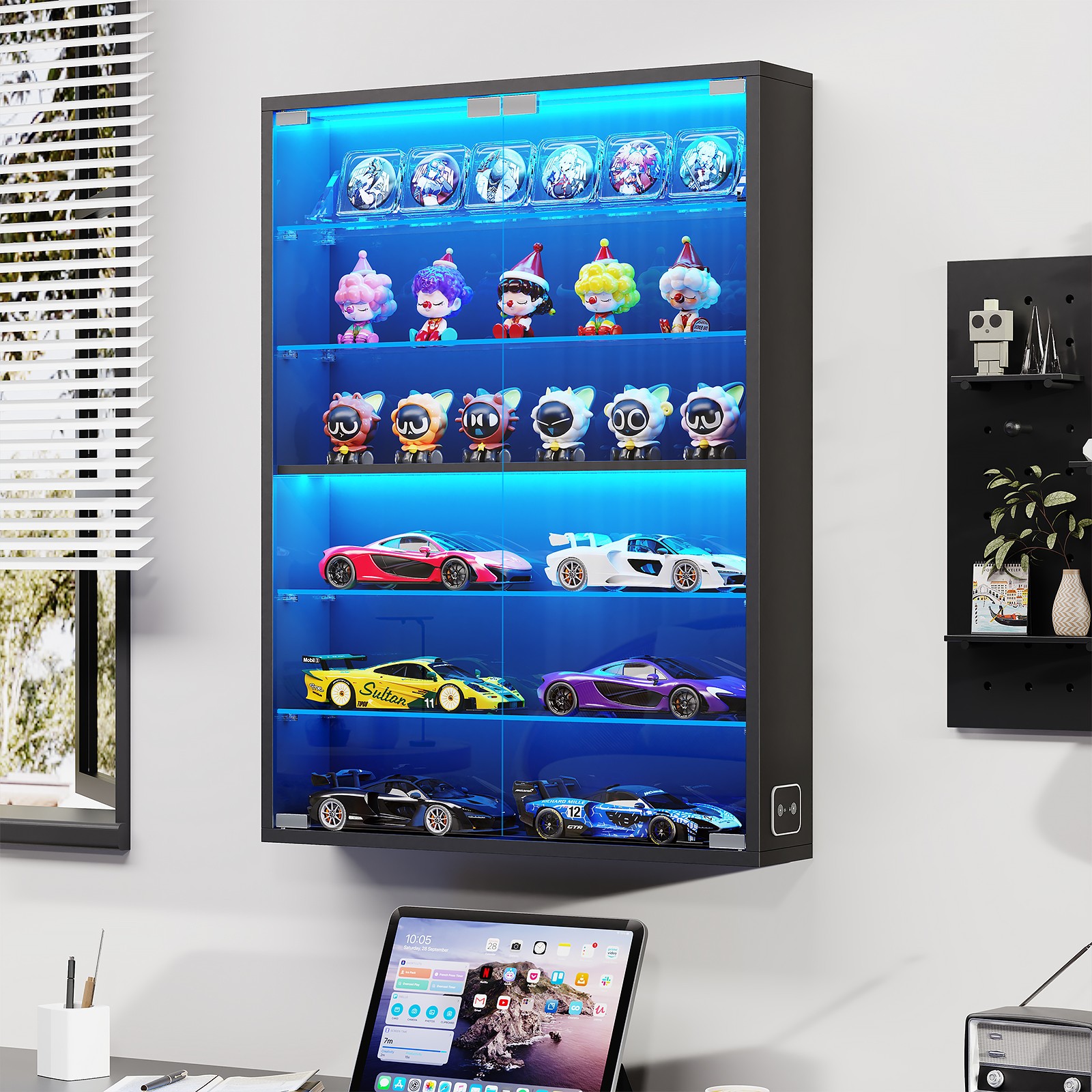 3-Color LED Lighted Display Cabinet, 6-Tier Wall-Mounted Showcase For Colletible