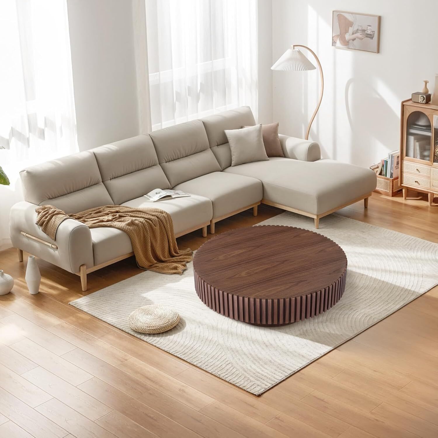 39.37″ Round Coffee Table Handcrafted Relief Sturdy Pedestal Wooden Round Shaped