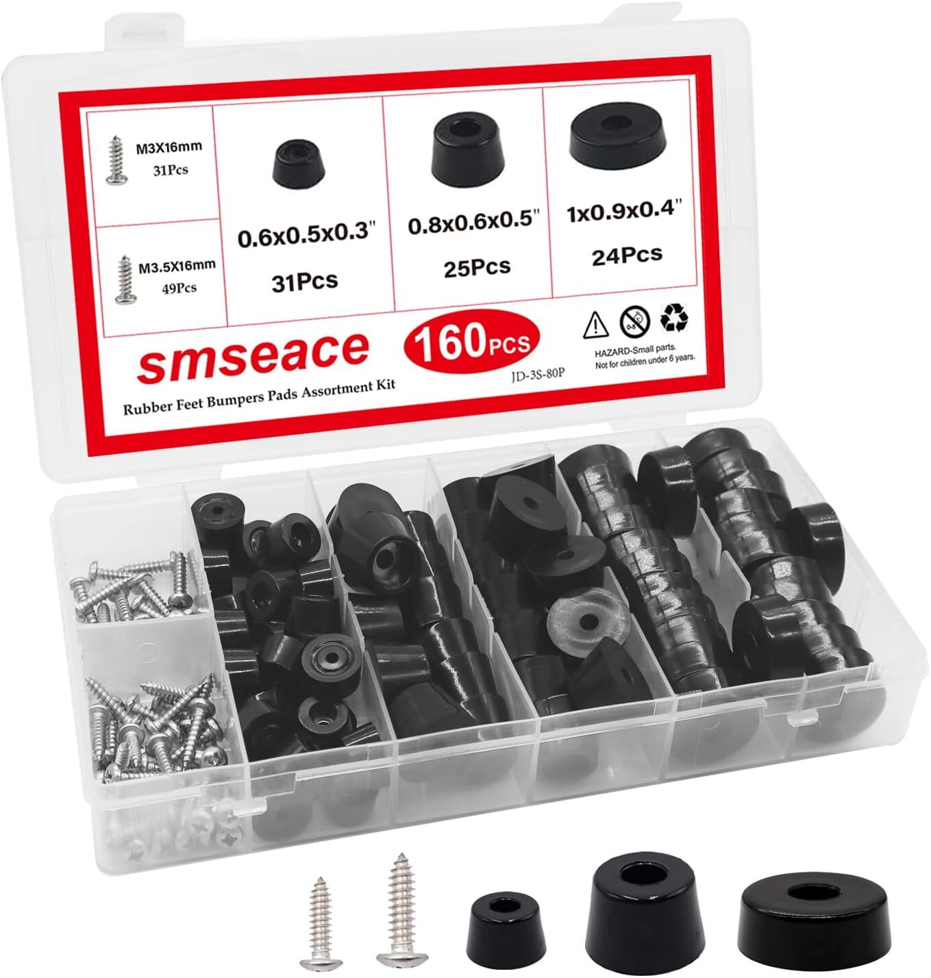 smseace 160PCS(3 Sizes) Black Rubber Feet Boxed for Cutting Board,Built-in…