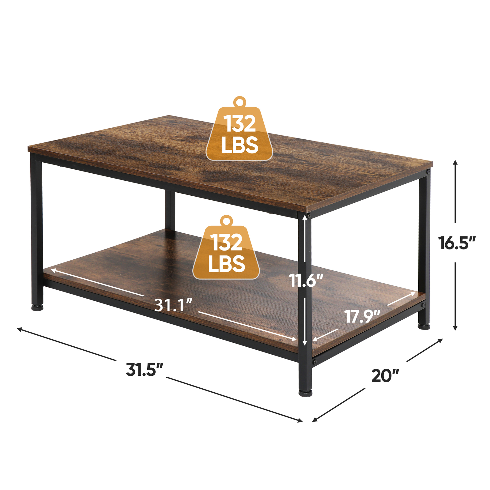 2-Tier Small Coffee Table Rectangle Wood Side End Table w/ Storage Rustic Brown