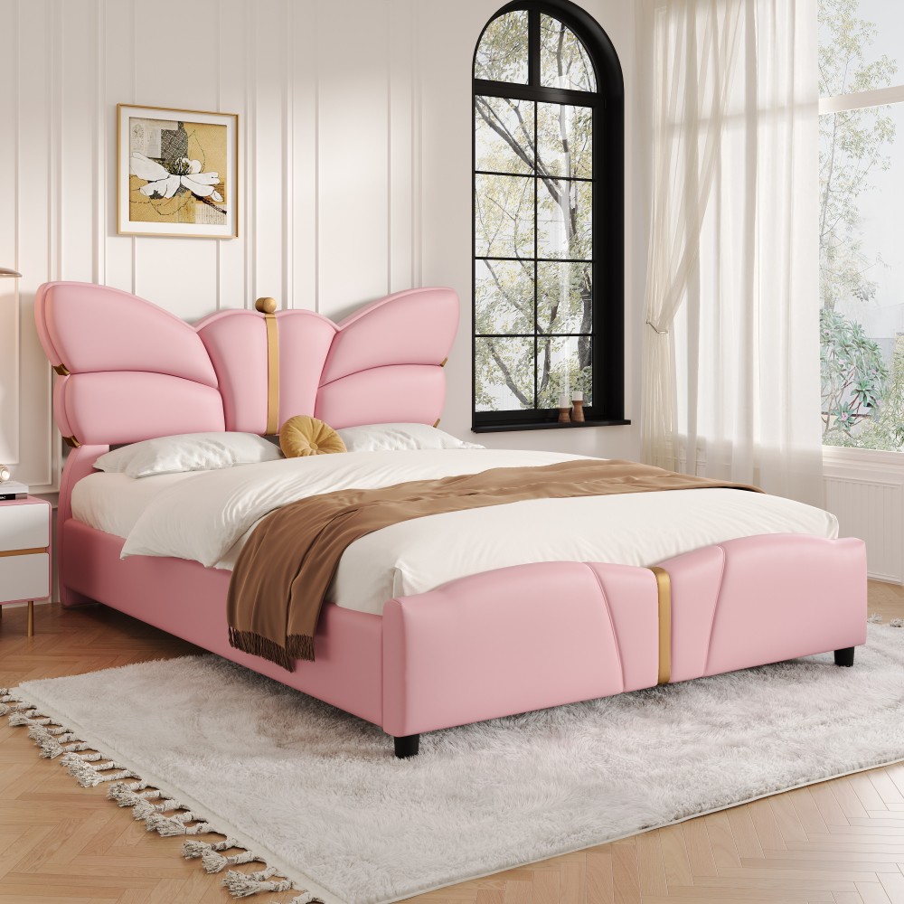 Bed Frame W Leather Upholstery Featuring Butterfly Headboard Includes Footboard