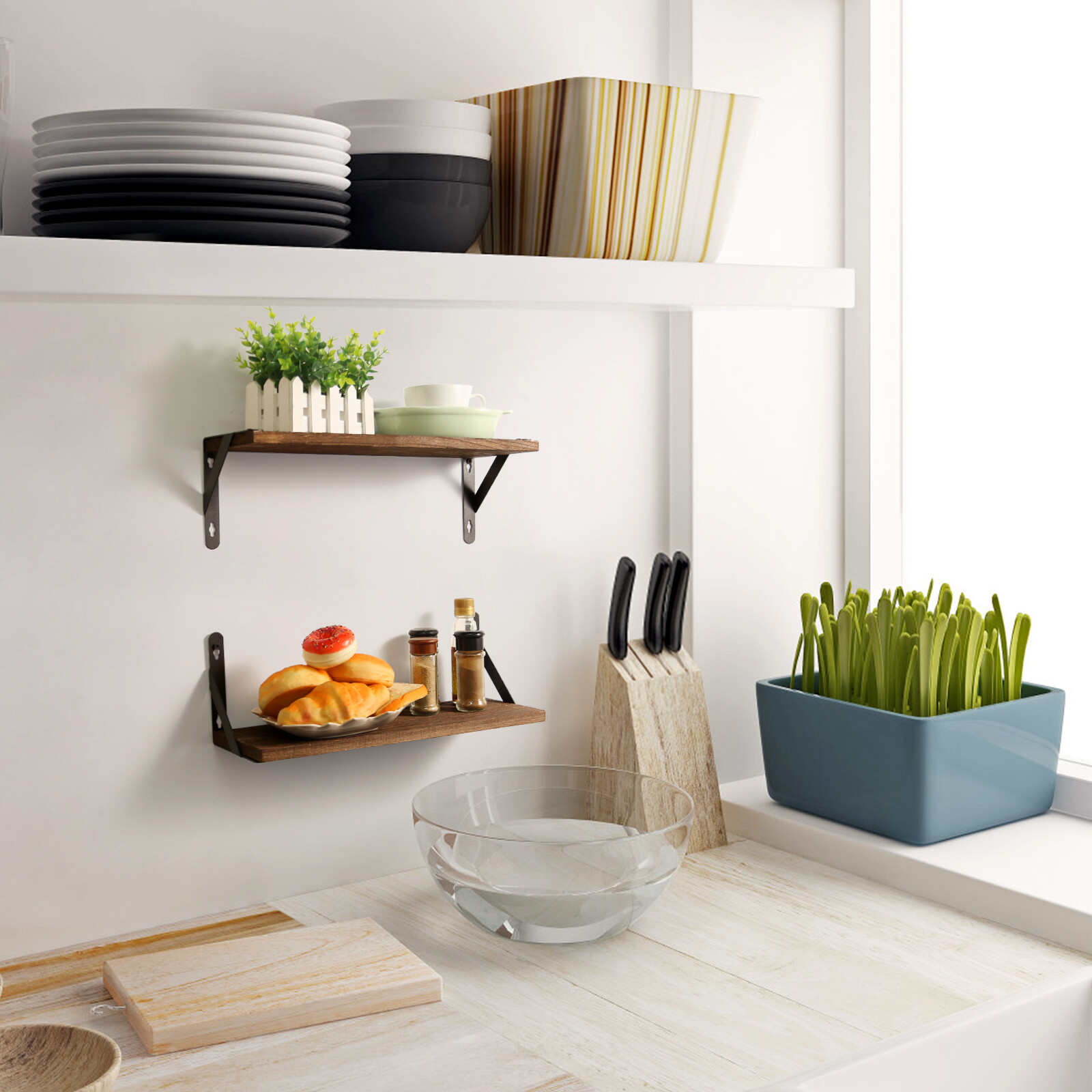 2pcs Wall Mounted Wood Floating Shelves Bookshelf DIY Bathroom Bedroom Kitchen