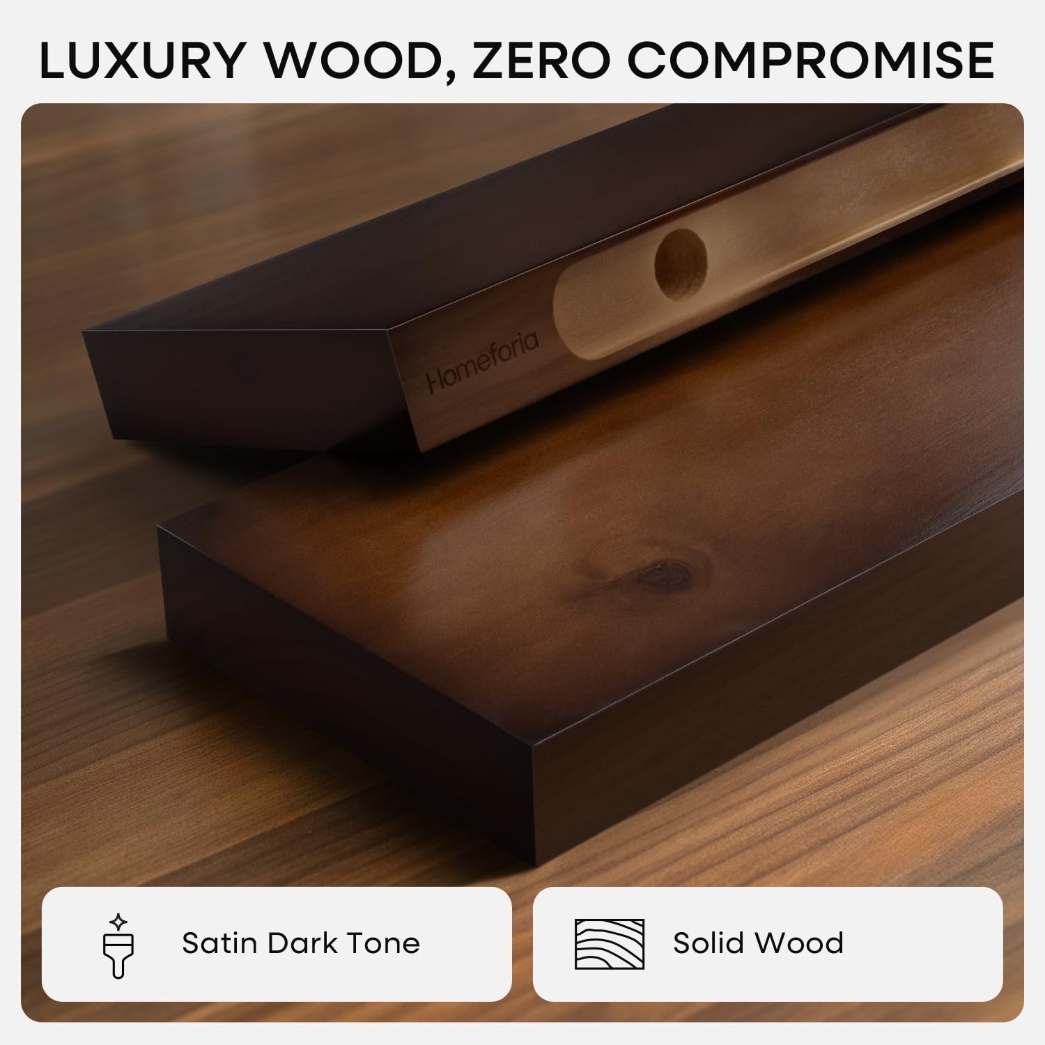 Walnut 12 Inch Floating Shelf Solid Real Wood Heavy Duty Wall Mount 2 PCS Set