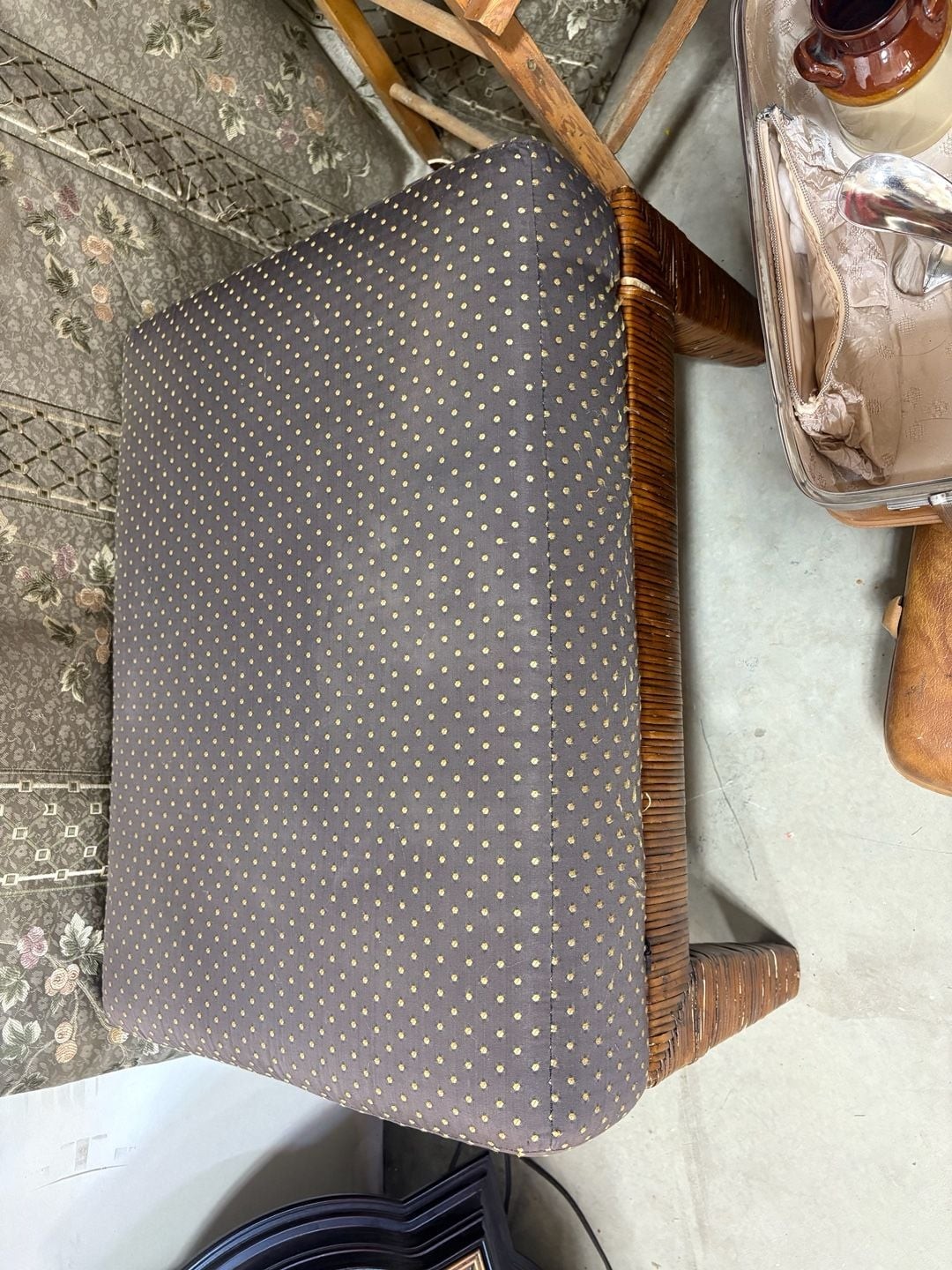 Vintage Rattan and Wicker Upholstered Footstool Ottoman with Polka Dot Pattern