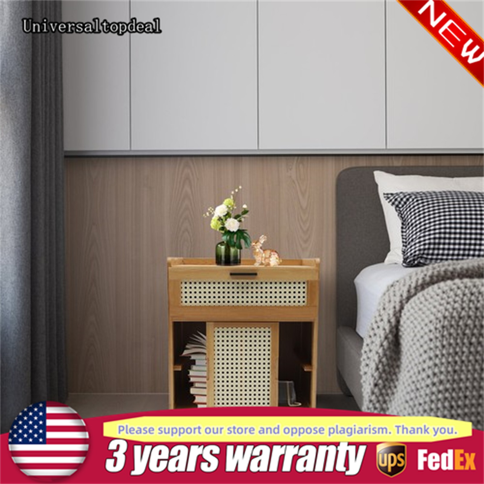 Nightstand Bamboo End Table Bedside Table w/Drawer & Shelf Bohemian Storage Rack