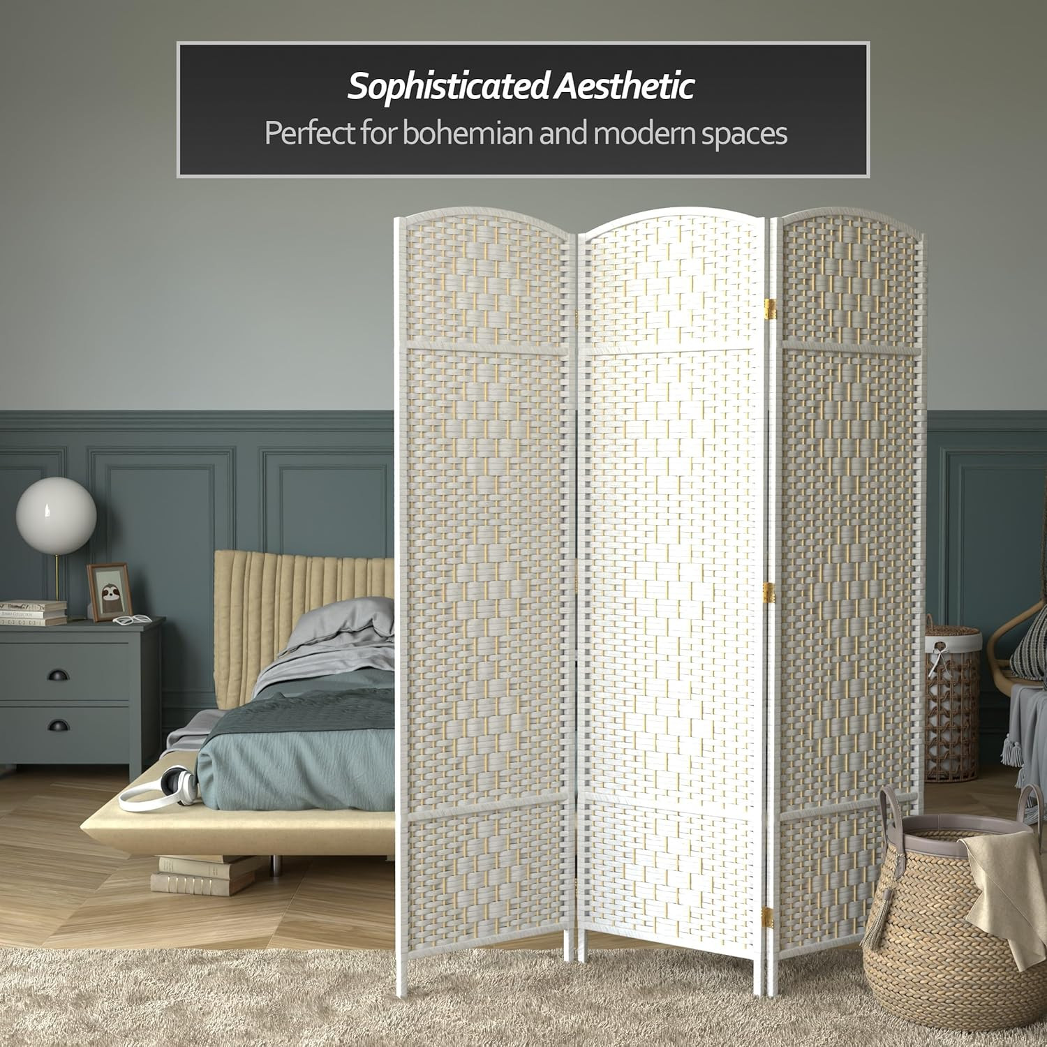 6 Ft. Tall Diamond Weave Fiber White-3 Panel Room Divider