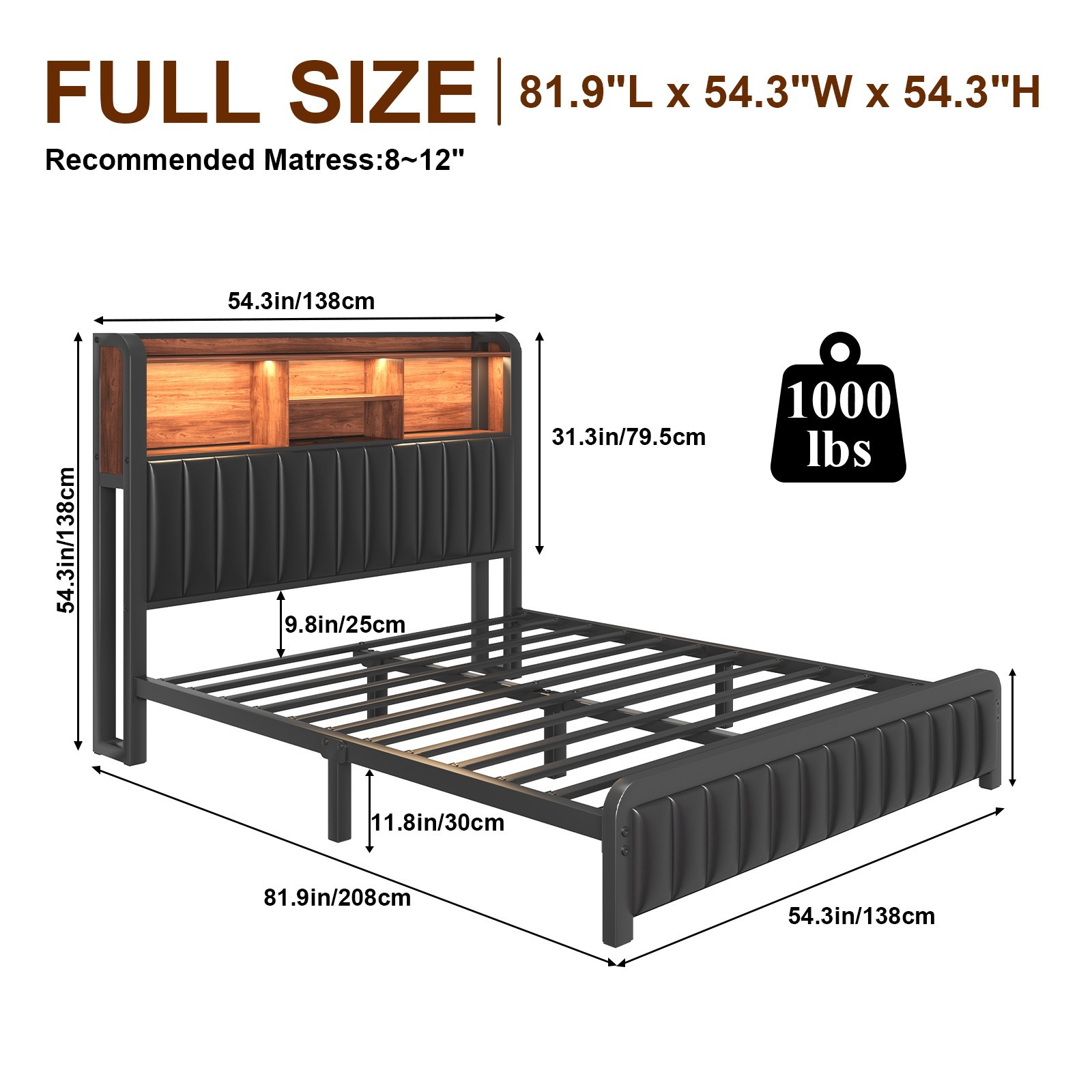 Full Queen Size Iron Bed Frame with Storage&Charging Headboard and LED Lights