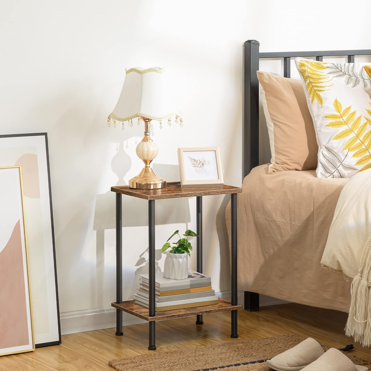Rustic Brown Small End Table with 2-Layer Storage Shelves and Drawer for