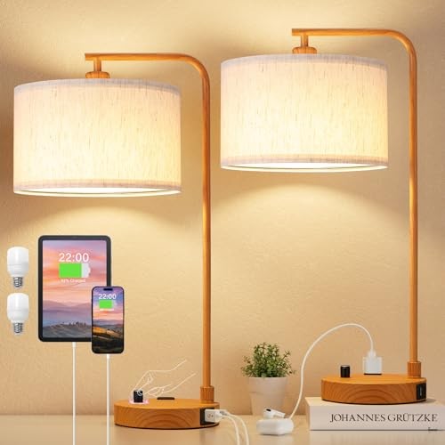 Bedside Table Lamps for Bedroom Set of 2-Dimmable E-Beige Shade & Wood Base