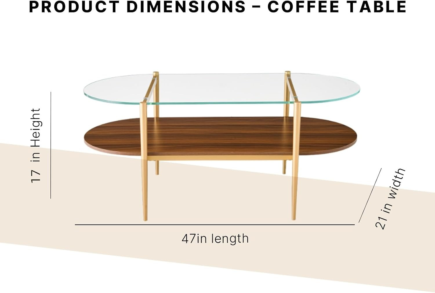 Oval Coffee Table, Mid-Century Modern Design, 2-Tier Structure, Clear Glass Top