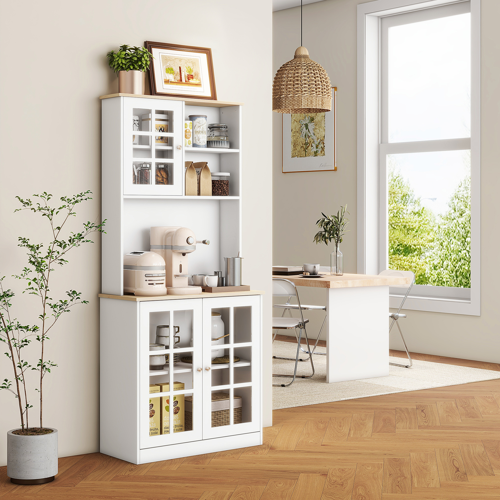 Sturdy Kitchen Buffet with Hutch Solid Storage Sideboard Cabinet w/Glass Door