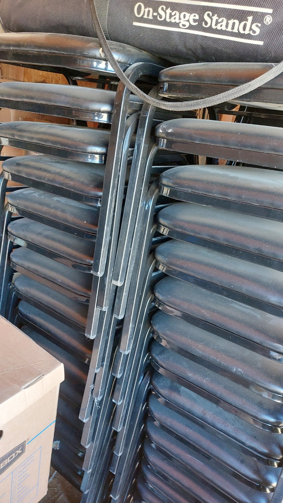 29 Trapezoidal Back Stacking Banquet Chairs in Black Vinyl – Black sold as is
