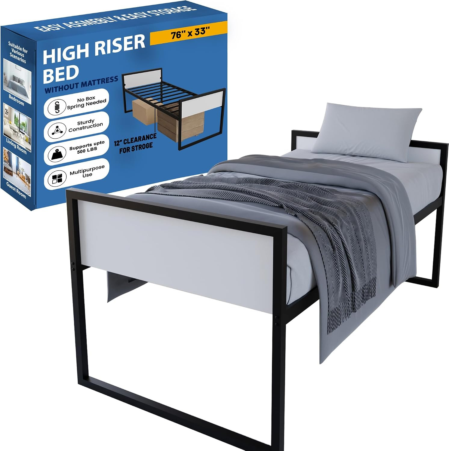 , Metal Platform Bed Frame with Headboard and Footboard, 76″X33″ Bed Frames with