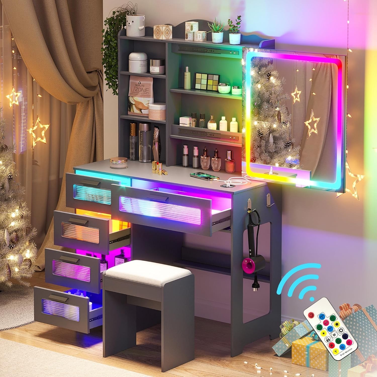 Vanity Desk with LED Mirror, Makeup Vanity Set with Charging Station and Chair