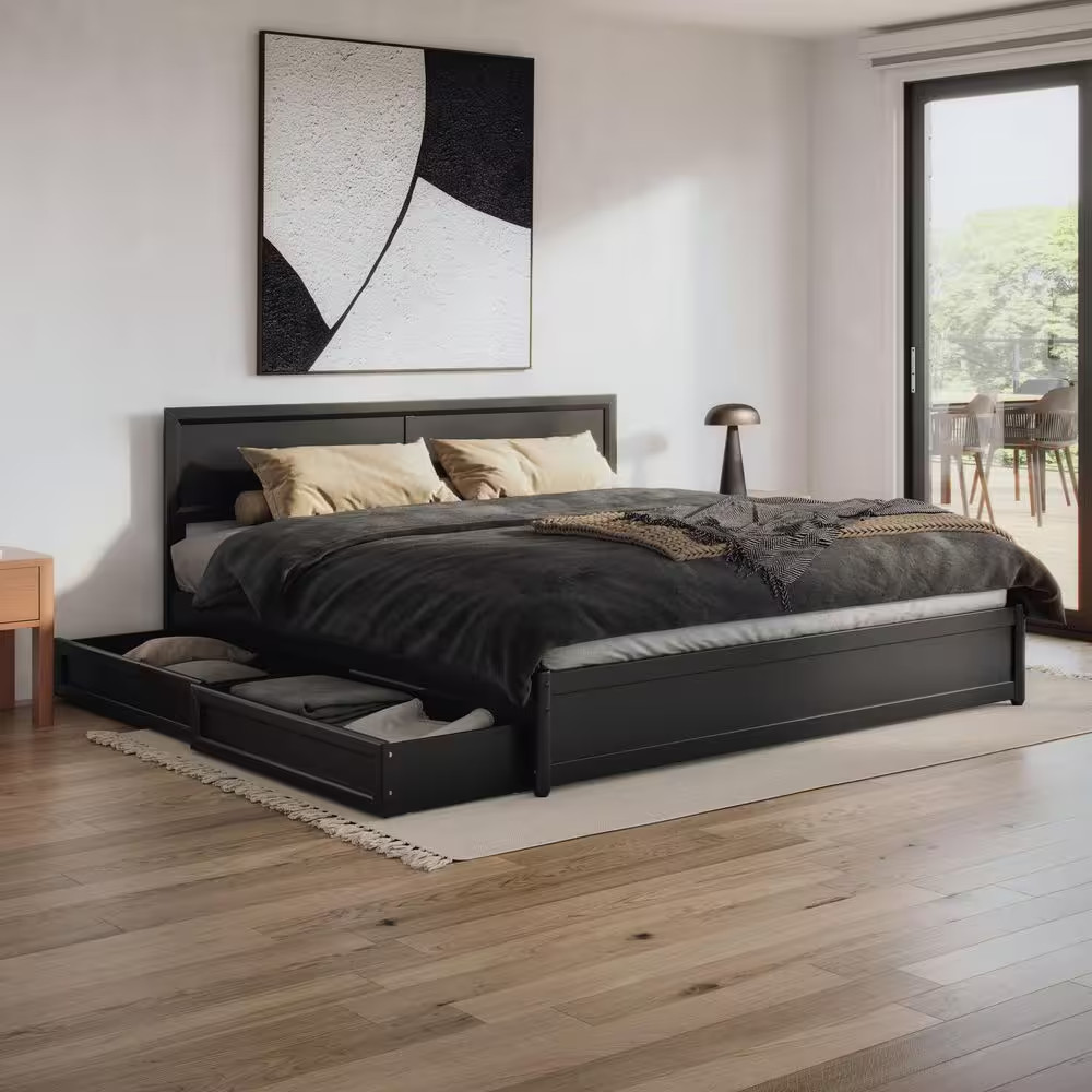 Lylah Black Wood Frame King Platform Bed with Panel Footboard and Storage Drawer