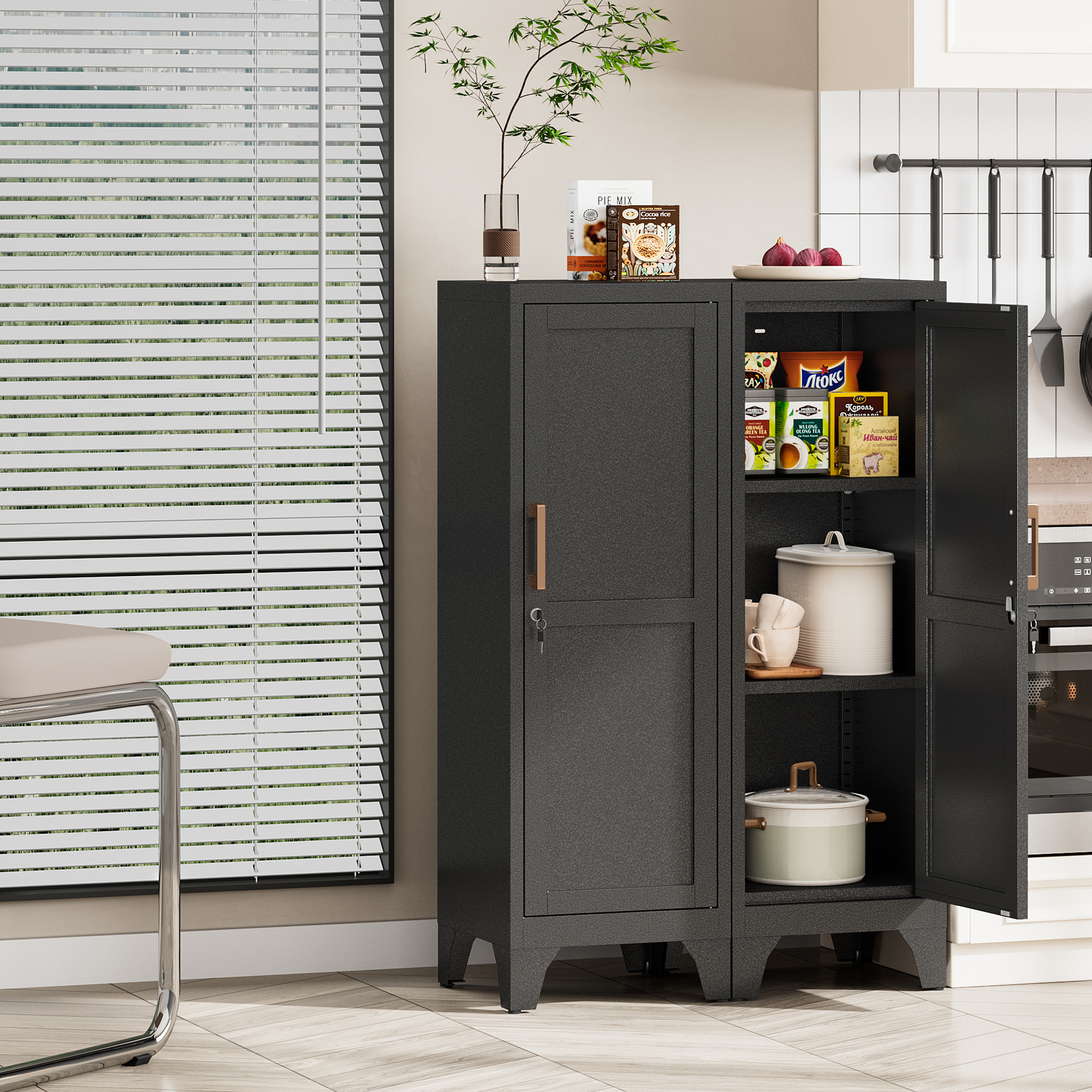 Metal Lockable Storage Cabinet Kitchen Pantry Cabinet with 2 Adjustable Shelves