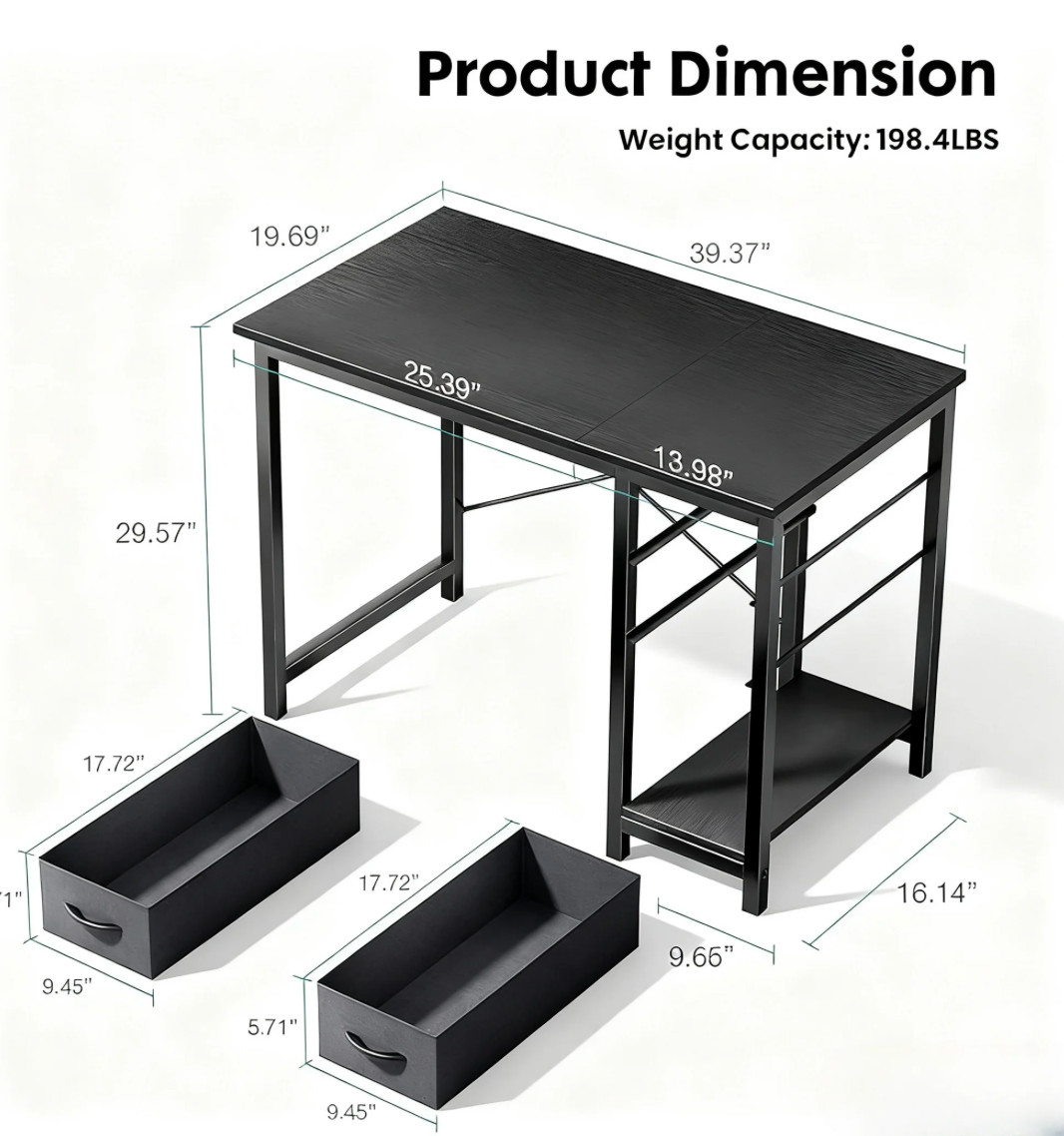 CONCETTA Small Computer Desk with 2 Drawers, 40 Inch Writing Work Study Computer