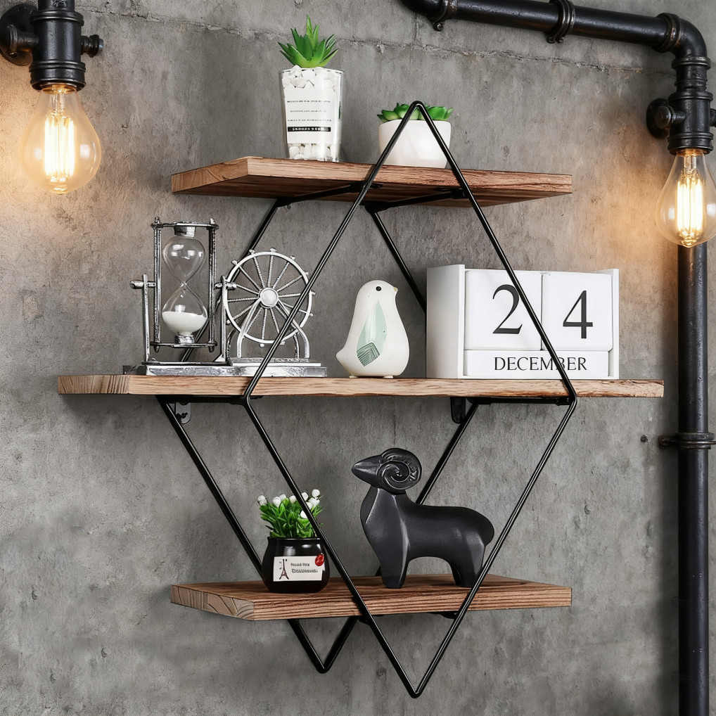 3-Tier Industrial Floating Wall Shelves Display Rack Storage Unit for Home Decor
