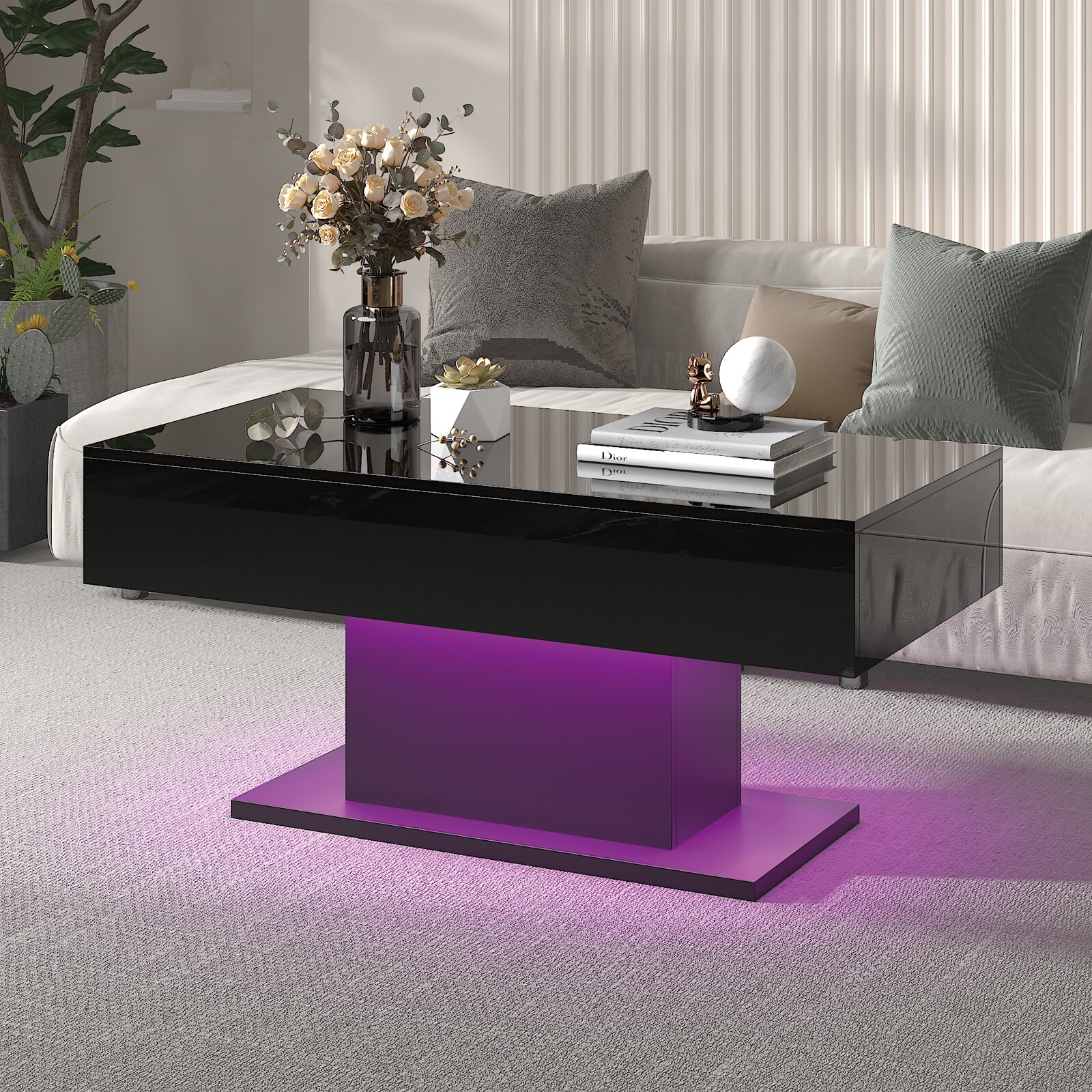 Coffee Table with LED Light, High-Gloss Black With Drawer Living Room Furniture