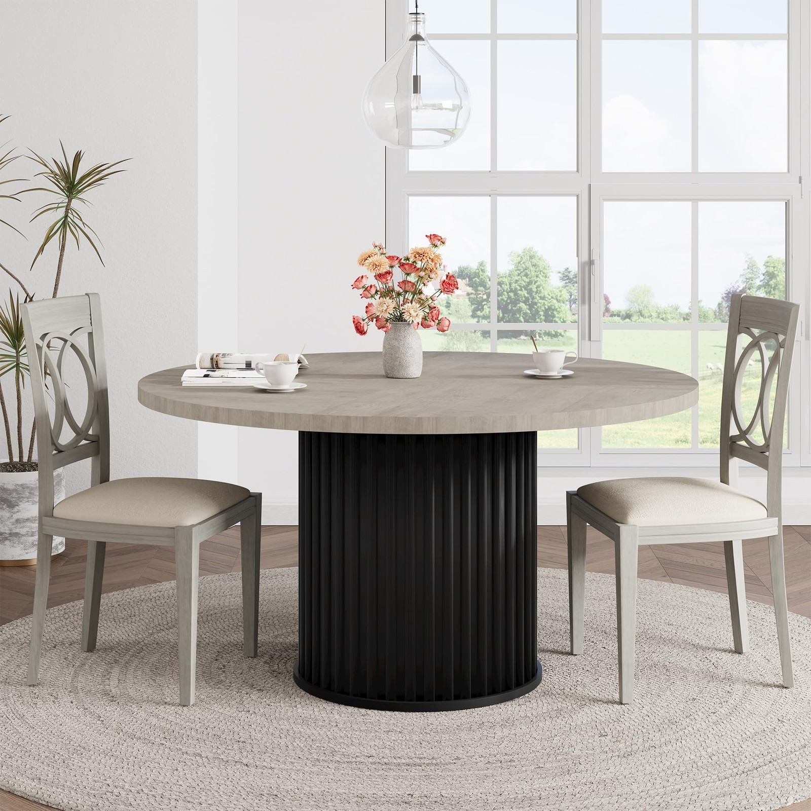 47″ Round Dining Table up to 6 People Farmhouse Circle Kitchen Table Metal Base