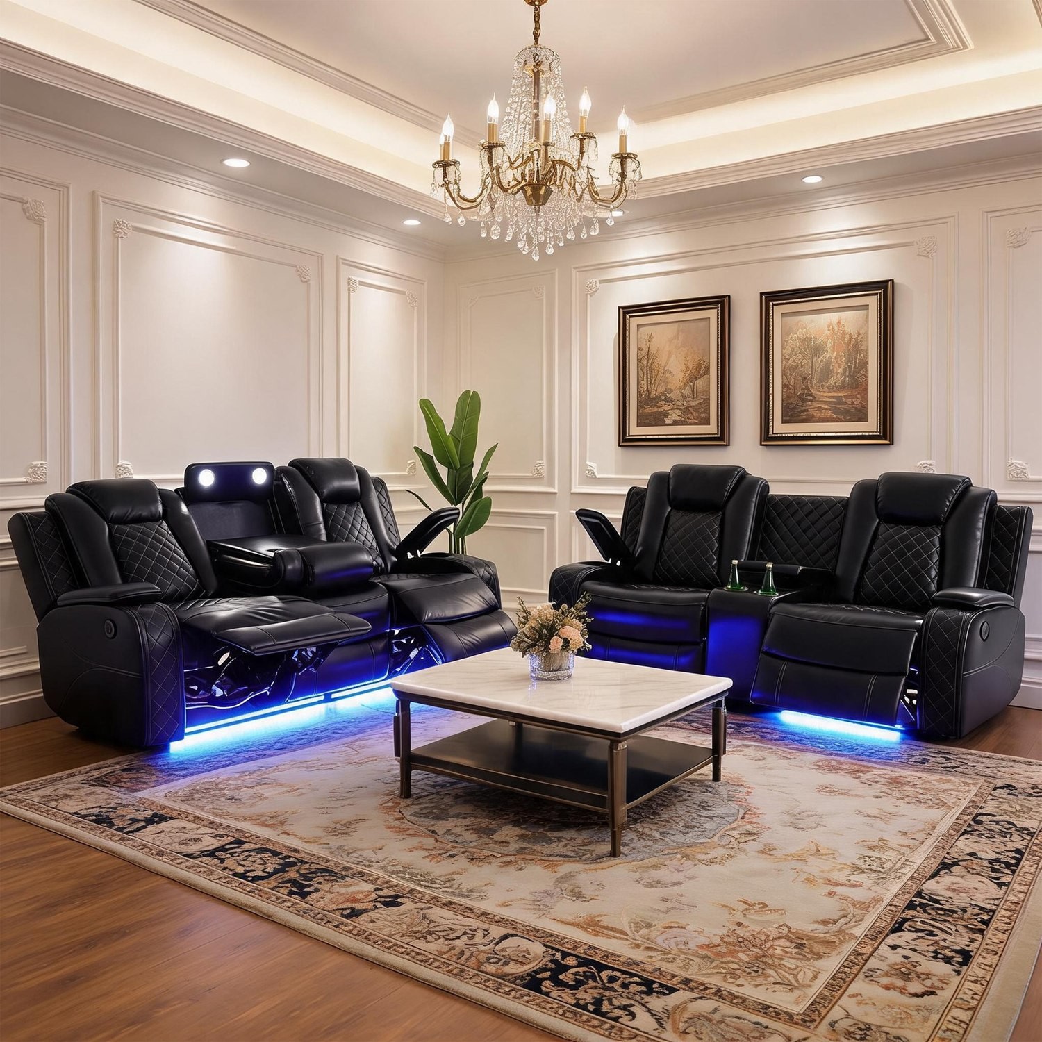 Breathable Leather Recliner Sofa Set w/LED Ambient Lighting Cup Holders&Storage