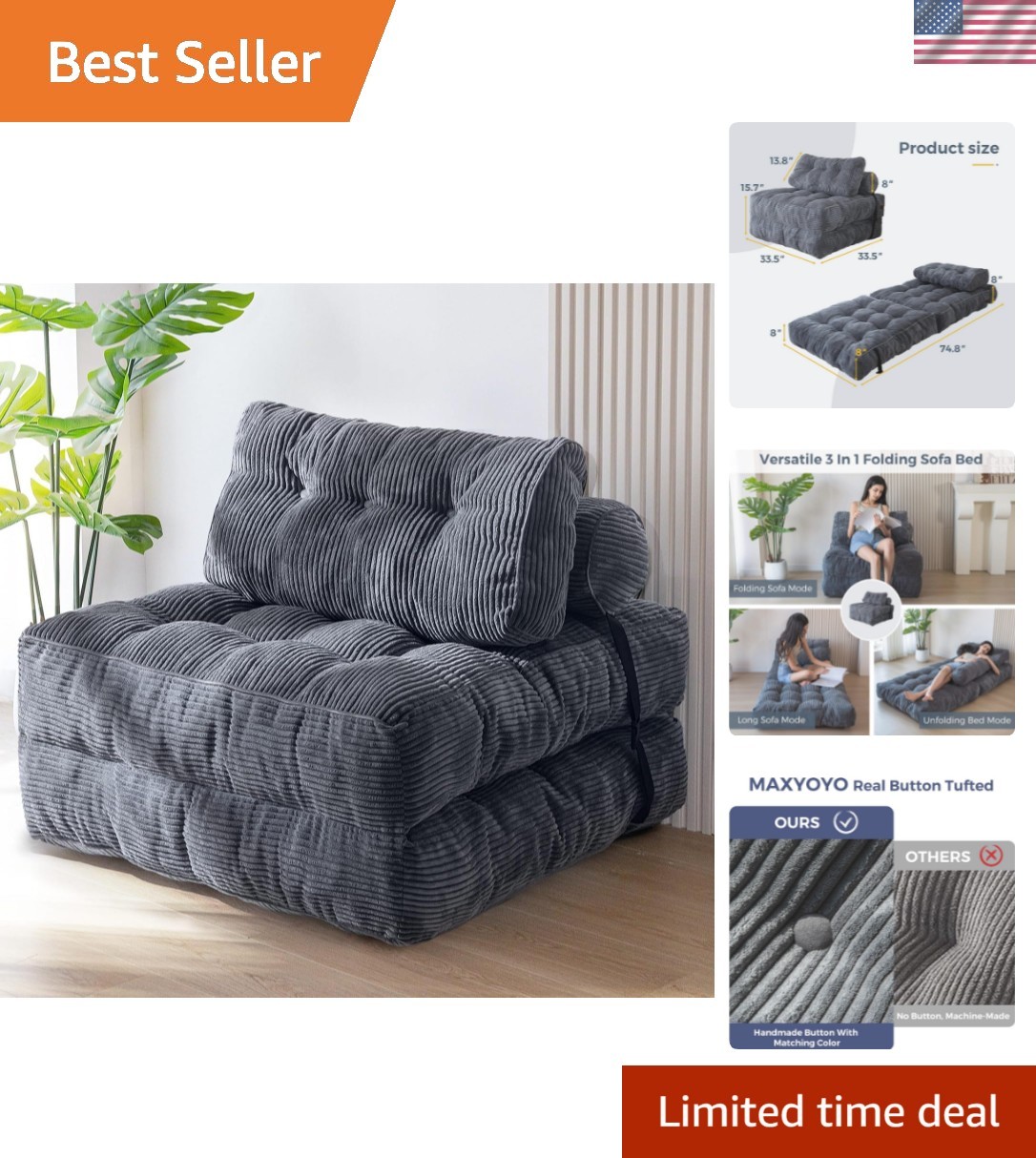 Portable Dark Grey Convertible Sleeper Chair with Headrest & Lumbar Support