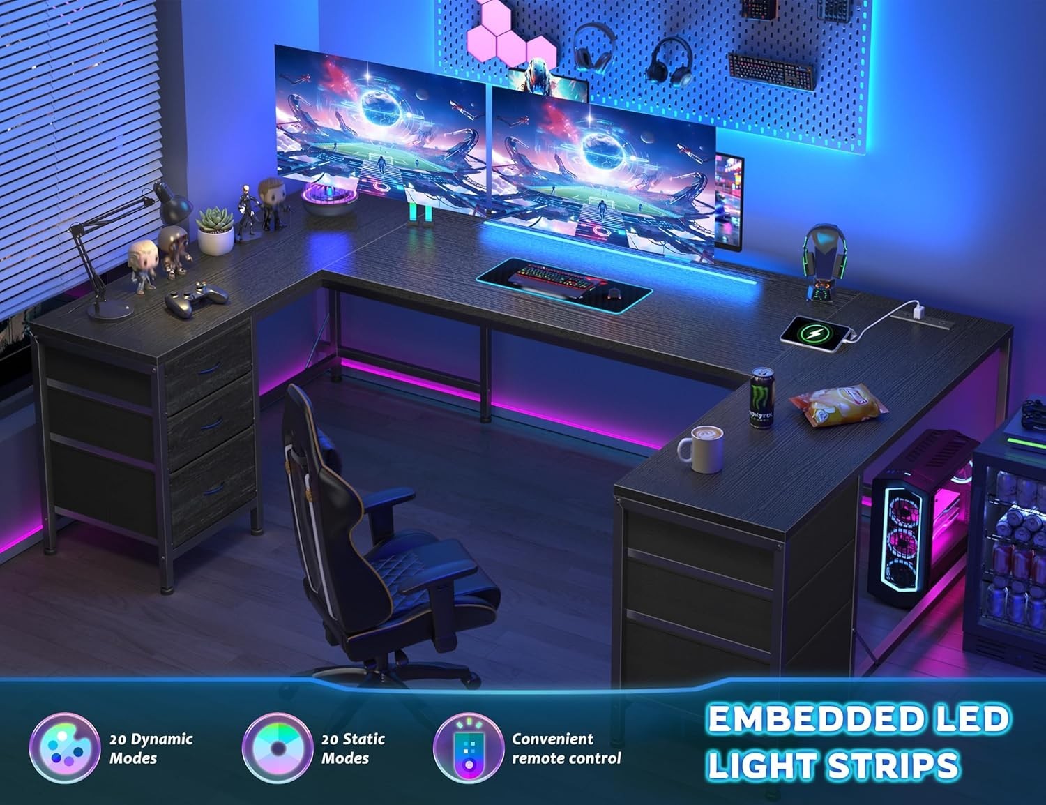 67″ U Shaped Gaming Corner Desk with Power Outlets & LED Lights,Computer Desk…