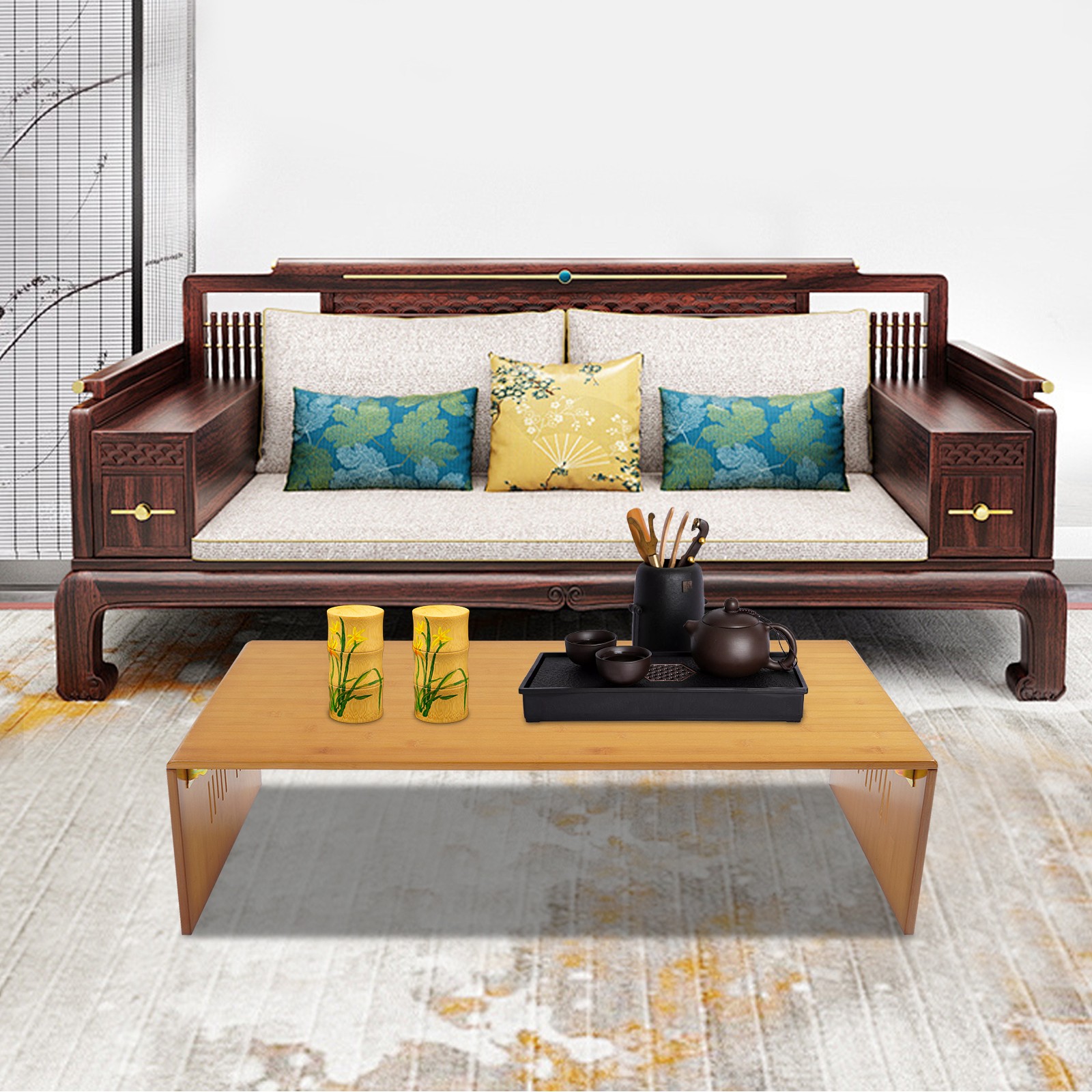 Tawny Foldable Bamboo Floor Table With Chinese Landscape Carving, No Assembly