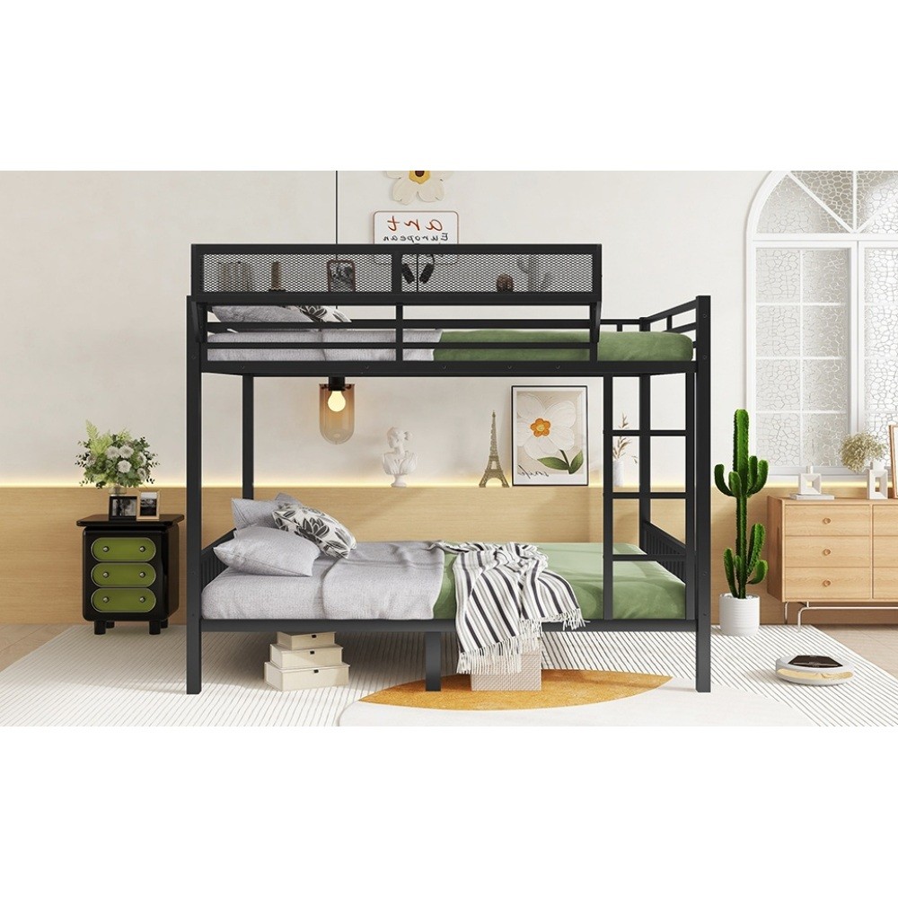 Queen Over Queen Metal Bunk Bed with Ladder and Storage Shelf for Adults Teens