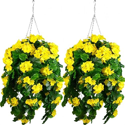 Fake Hanging Plants with Geranium Flowers-31in Fake Hanging Plant UV Yellow