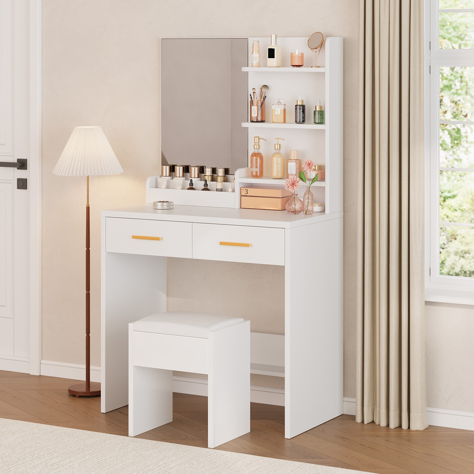 Vanity Table With Mirror 2 Drawers 3 Open Shelves Elegant White Makeup Desk For