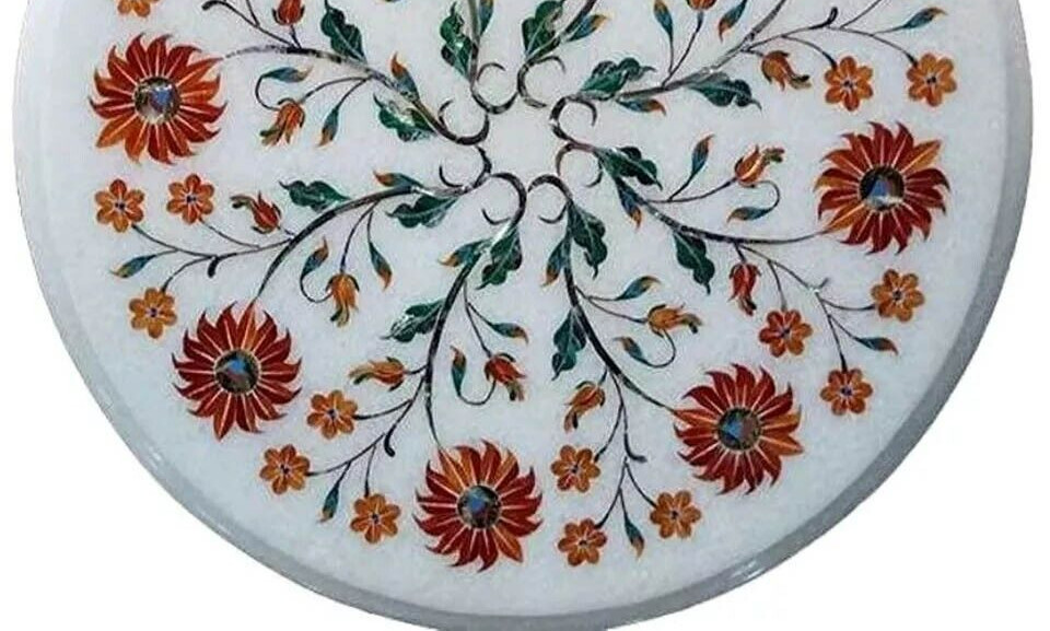 12″ Custom Round Coffee Table Top Handmade Marquetry Art Gemstone Furniture Deco
